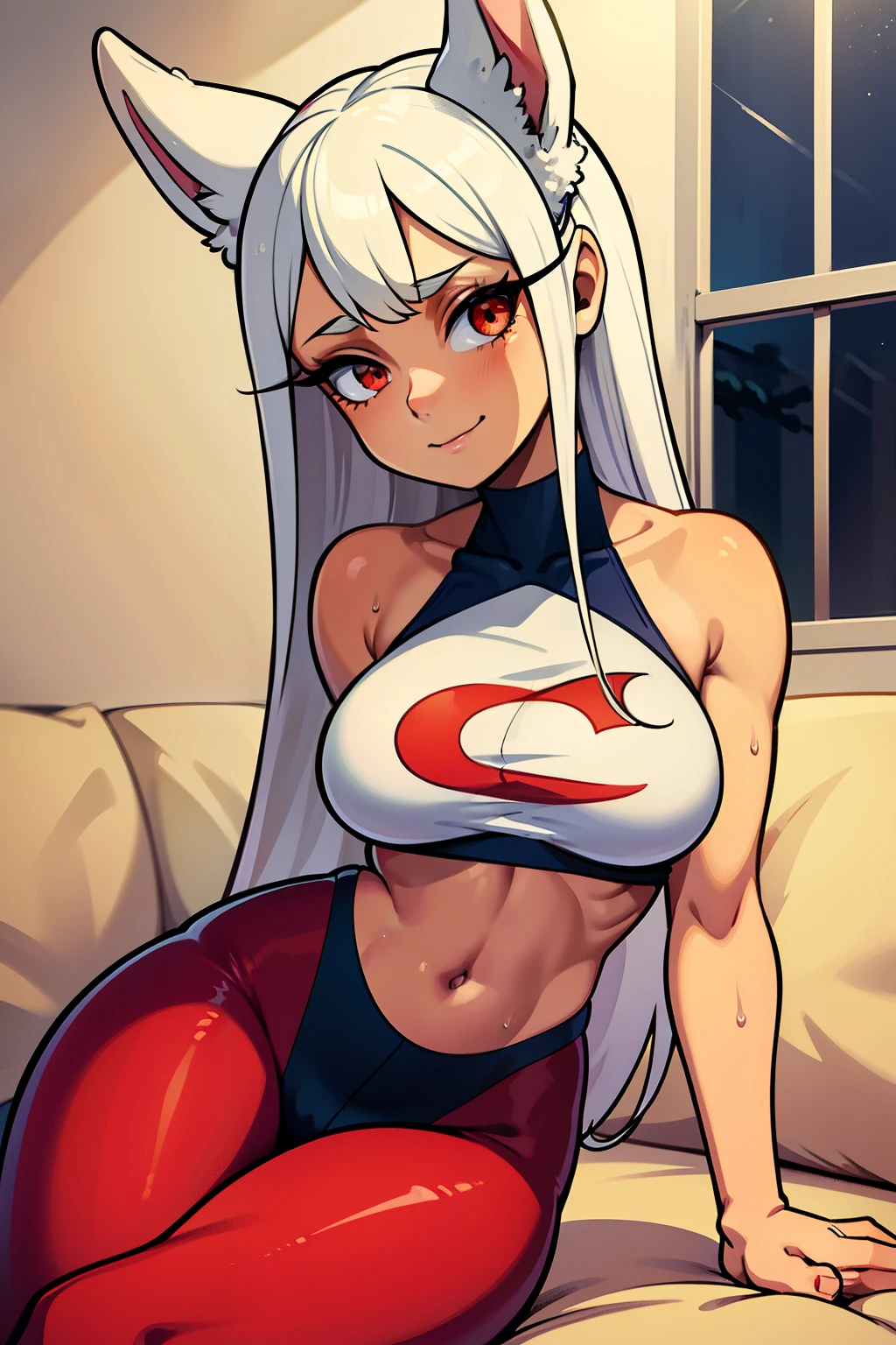 Cute girls,ojos rojos redondos, cabello blanco、orejas de conejo,sexy、sonriendo,Peinado liso medio a largo、(Bigboobs,lleva una lenceria roja,lleva unos leggins rojos,En una casa de alquiler,sitting on the couch,Noche,estaba lloviendo afuera,Upper body is wet.,cuerpo entero,lleva unos leggins rojos,red leggins
