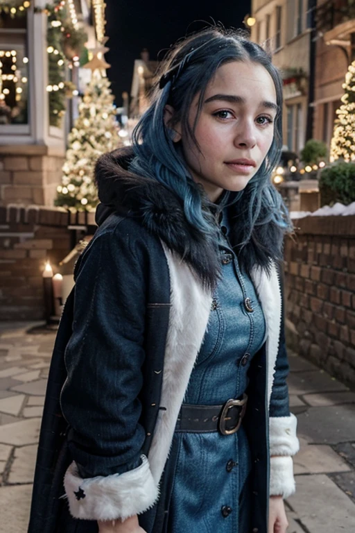 Please make an image of a 21 years old woman standing in front of christmas decoration with blue hair and make her face look like emilia clarke