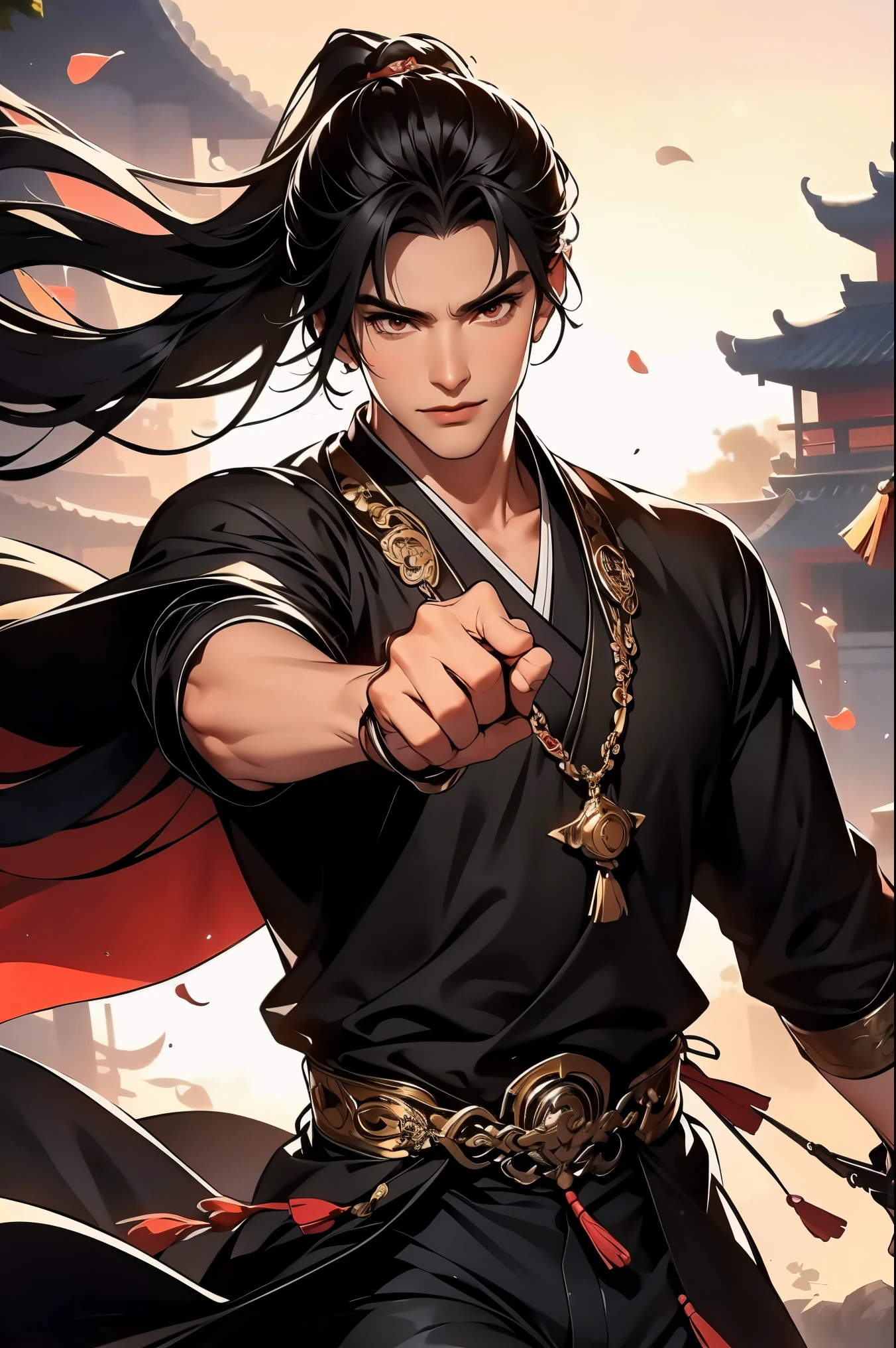 (Best quality,A high resolution,The image is clear:1.2),Ultra detailed backgrounds,A man in black holding a sword,ssmile,the only person,wind blowing through,Garden scene,under moonlight,waterfall man,Romantic atmosphere,Dutch Angle Shot,gentlesoftlighting,Hats,Upper part of the body,Chinese style buildings,samurai pose,Normal hands,