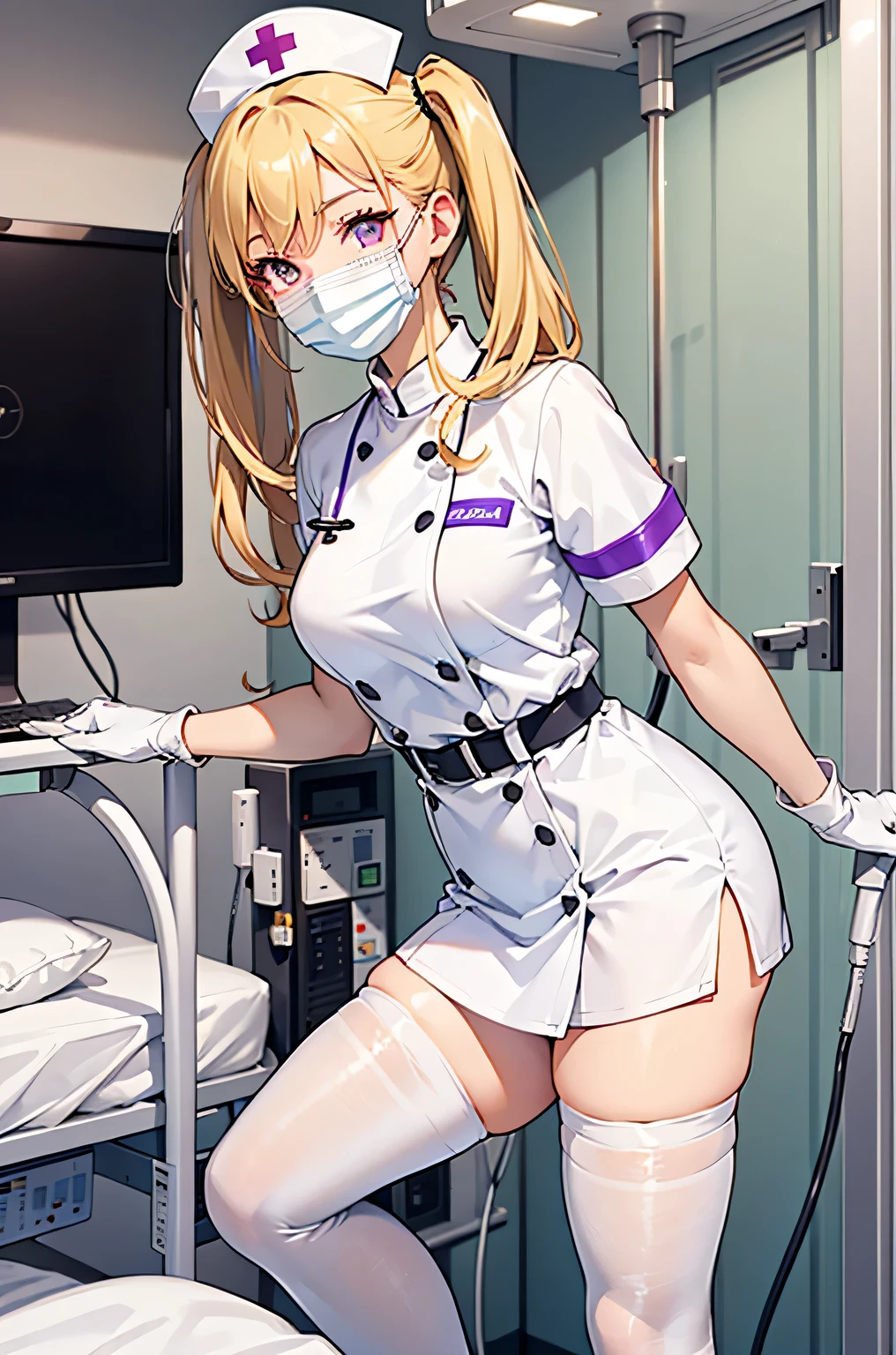 1girl, solo, nurse, nurse cap, white wear, ((white legwear, zettai ryouiki)), white gloves, twintails, yellow hair, purple eyes, ((white surgical mask, covered nose)), standing, ((hospital room)), sharp outline, short sleeves, best quality, masterpiece