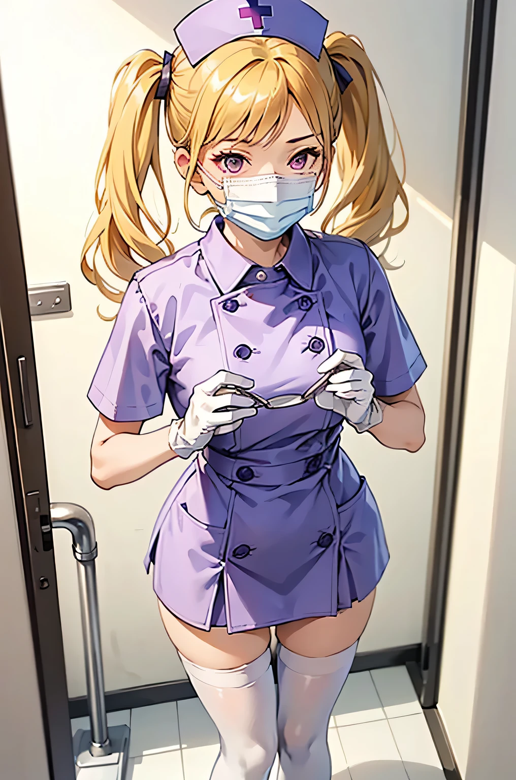 1girl, solo, nurse, nurse cap, white wear, ((white legwear, zettai ryouiki)), white gloves, twintails, yellow hair, purple eyes, ((white surgical mask, covered nose)), standing, ((hospital room)), sharp outline, short sleeves, best quality, masterpiece