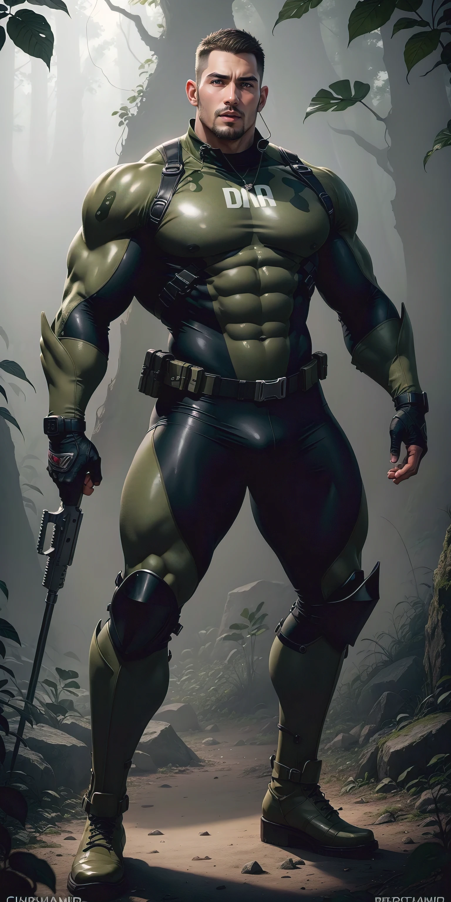 A tall, humongous large breast, Muscular man screaming with his mouth open.,Khaki camouflage uniform,character design(Resident Evil - Chris Redfield,Chris Redfield)buzz clip,Wearing a khaki camouflage wetsuit,Matte texture,Regular symmetrical texture pattern,Standing in a weird jungle of tentacles, Lots of slime octopus and sludge,expression sad,Deep and charming eyes,The hero with emerald pupils,heroic masculine pose,Tall and burly,musculous!Charming leg muscles,tall, Burly, and strong, Wearing a khaki camouflage wetsuit, Super gain and cool, commission for high resolution, Big feet in black boots,Charming strong man,Bright sunlight shines on the body,Matte particles with shiny texture