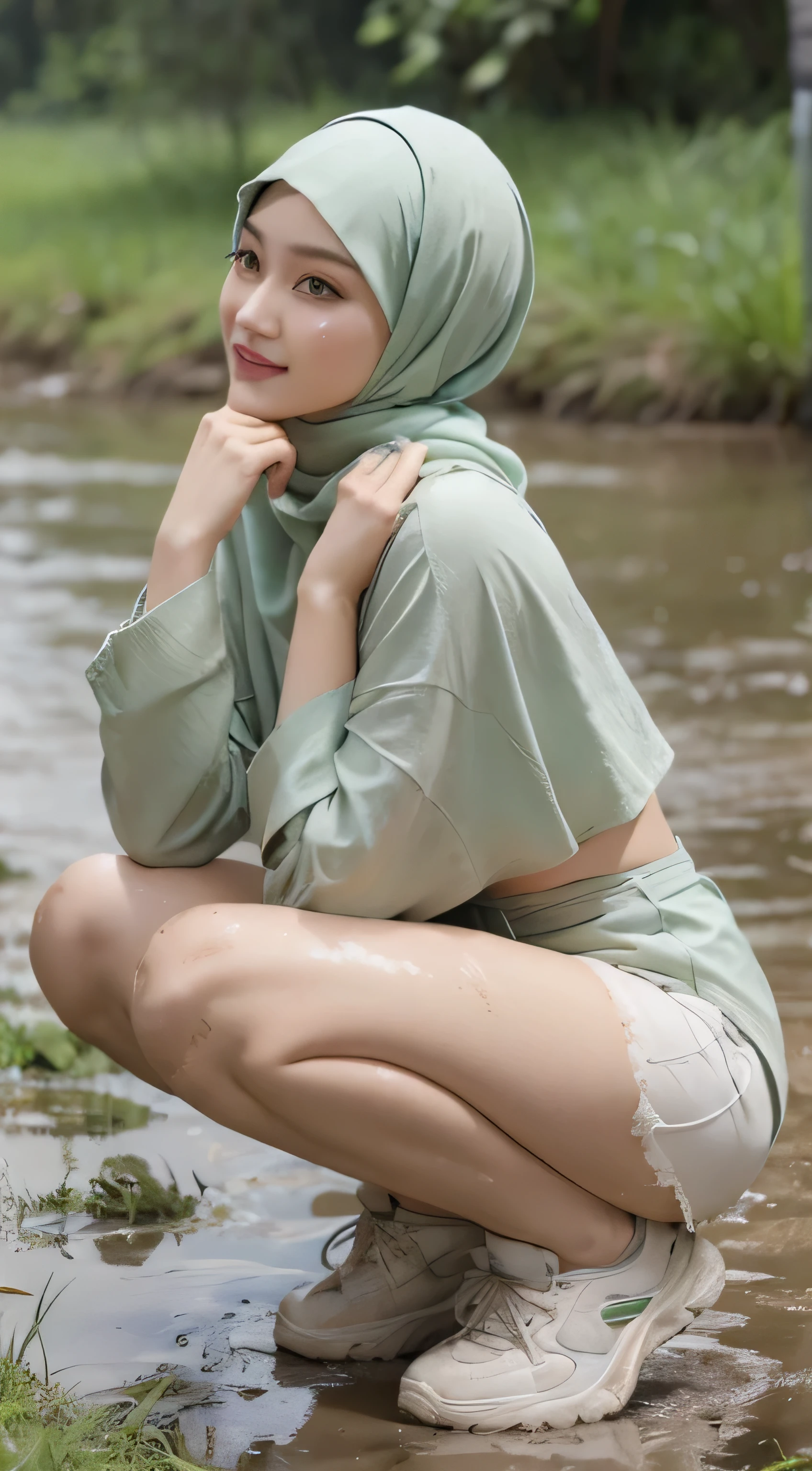 neelofa wearing pastel green hijab squatting in the mud at the river, squat, small tits, small breast, flat chest, wide waist, thick thighs, bright lighting, portrait photography, detail skin texture, small breast, flat chest, wide waist, thick thighs, big thigh, big tight, slim abs, beautiful body, tall, nighttime, laughing, happy, bright lighting, wet body, too many mud in body, smudge mud in body, wet face, wear sneakers, naked,