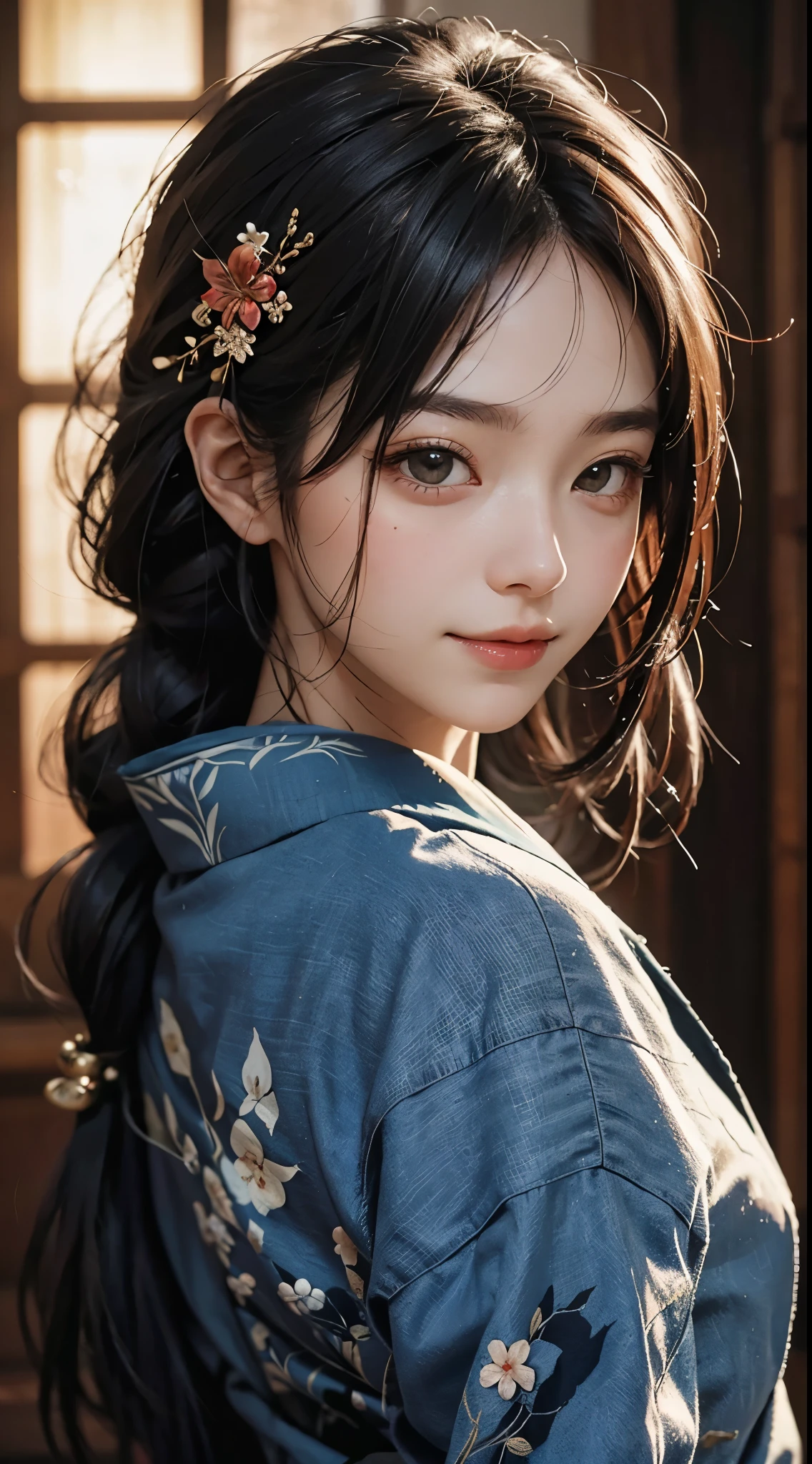 Best Quality, masutepiece, 超A high resolution, (Photorealistic:1.4), Raw photo, 1girl in, Japanese dress, long pony hair, Indoor, Summer noon,Detailed eyes,(realisticeyes),delicated face,realskin,detailed hairs,Detailed skin,Beautiful face,Smiling、