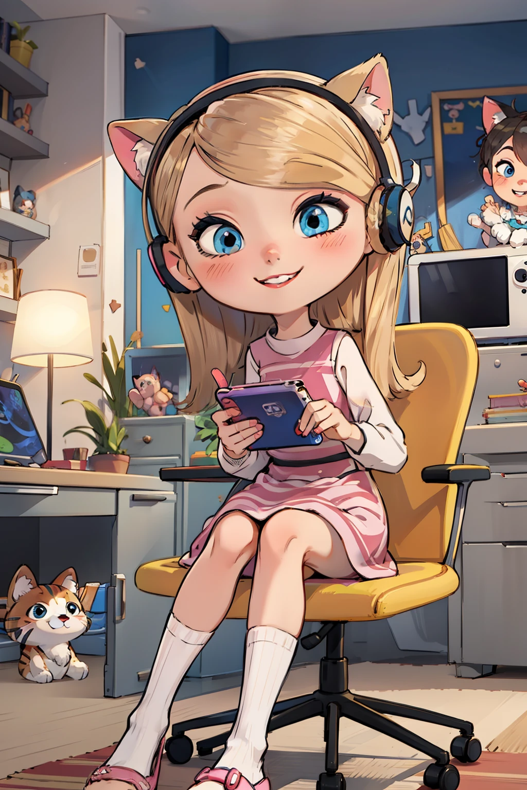 1girl, beautiful eye, smile, gaming girl, cheerful expression, long blonde hair, twinkling blue eyes, pink dress, cute cat ear headphones in pastel colors, cross-legged pose, playing a handheld game console, a soft and fluffy room background, plush toys scattered around, pastel-colored pillows, warm glow from a nearby desk lamp, fuzzy carpet under her, game console screen glowing with vibrant colors, long tube socks, pink fluffy slipper, soft shadows adding depth to her surroundings, light from the game console illuminating her face, focus and enjoyment evident in her eyes, fingers deftly moving over the game controls, soft blush on her cheeks, strands of hair falling over her face, a happy grin lighting up her face, headphones adorned with cute cat-themed details, ear tufts and pink accents, her posture relaxed and comfortable, colorful game posters adorning the walls, game-themed trinkets and figurines on shelves in the background, a comfortable gaming chair behind her, hint of a giggle escaping from her lips, relaxed and cozy atmosphere, gentle, playful and carefree, pillows and plush toys mirroring her love for games, fluffy and soft textures contrasting with the sharp glow of the game screen, overall scene full of cuteness and fun