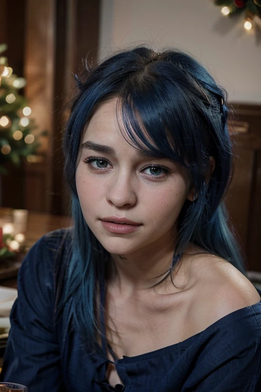 Please make an image of a 21 years old woman at christmas dinner with blue hair and make her face look like emilia clarke