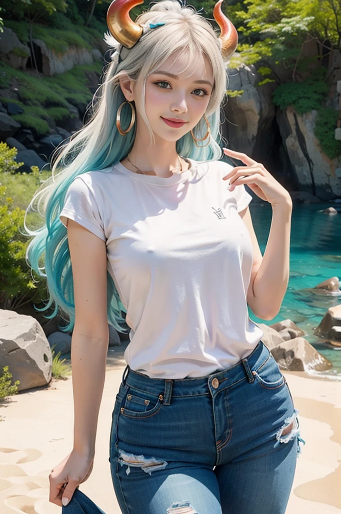 masterpiece, ((ultra detailed background, delicate pattern, intricate detail)), (highly detailed, fine detailest quality,beautiful lightinedium breasts, slim girl, very slim girl))), (close-up, portrait), YamatoV2, long hair, 1girl, horns, white hair, solo, oni, red horns, curled horns, hair ornament, (multicolored horns), jewelry, earrings, jeans, t-shirt, round neck, outdoors, cowboy shot, hair stick, aqua hair, sidelocks, hoop earrings, hakama, smile, wide smile, ((orange eyes)), complex detailed background, outside, nature environment, rocks, sunny, blue sky, sky,