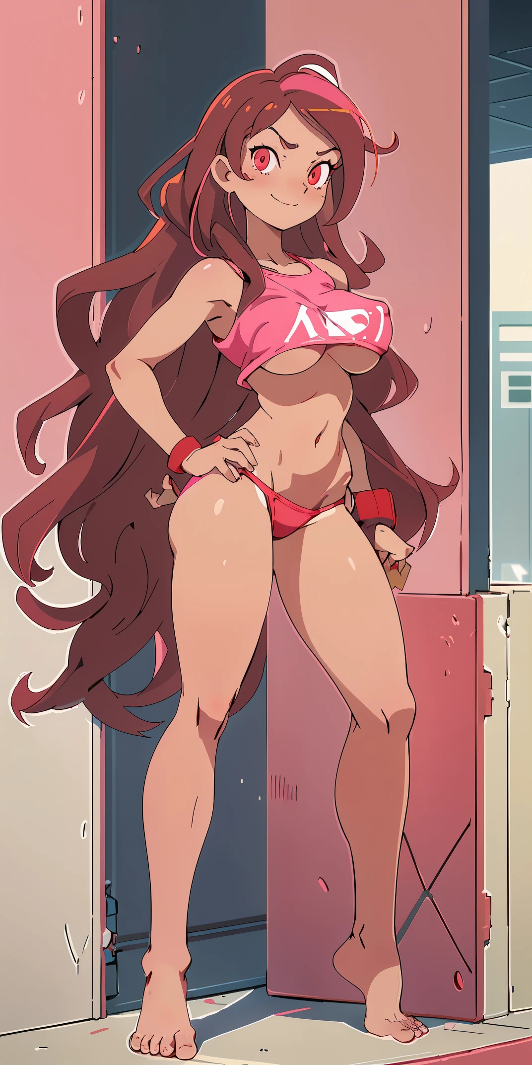 1 girl, Long Brunette Hair, Red Eyes, Pink bikini, Sly face., smirk, Company office room ,large boobs, barefoot , full entire body, stand on your hips, Stand up straight.. , Corner of the building , daylight