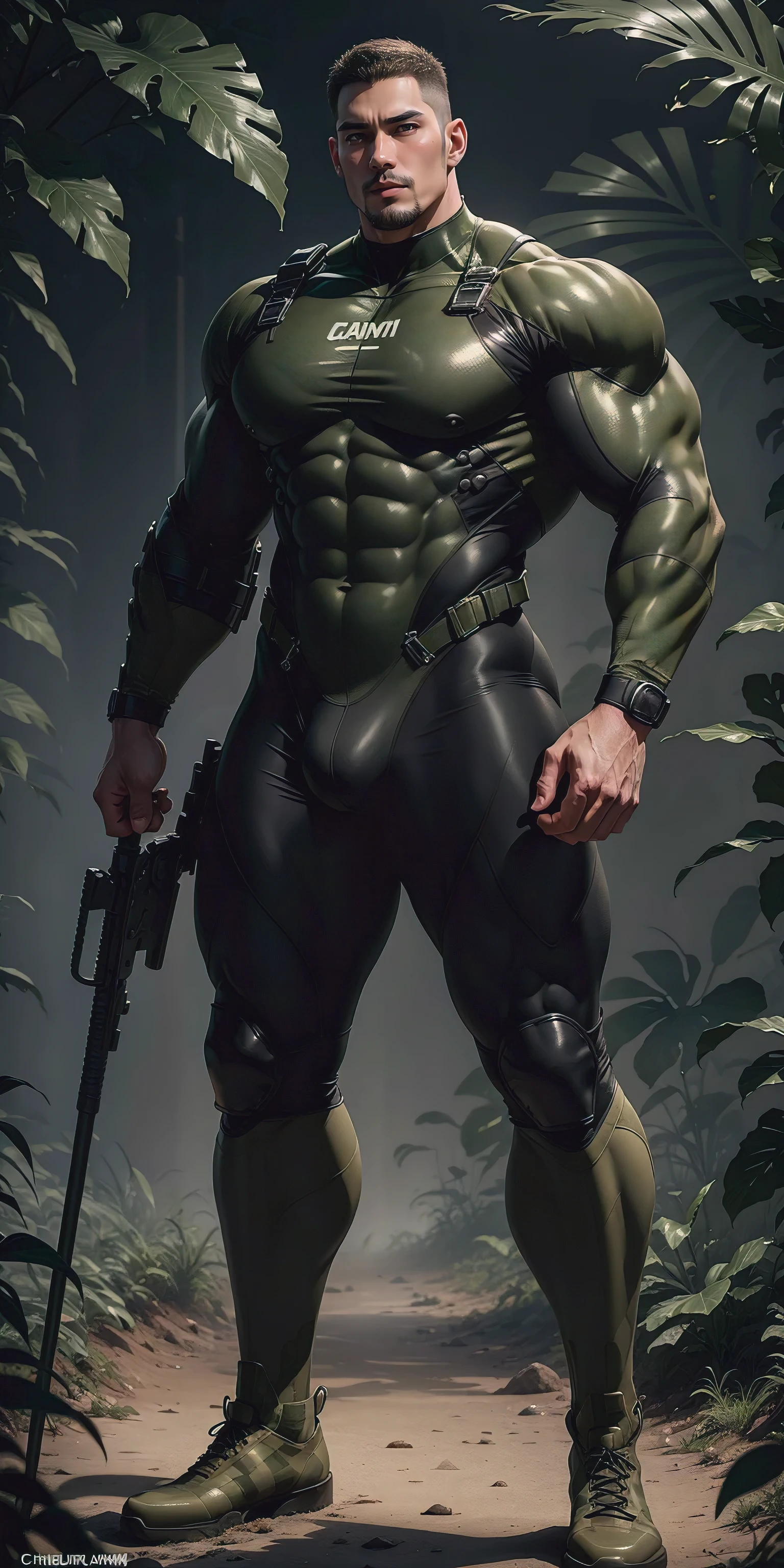 A tall, humongous large breast, Muscular man screaming with his mouth open.，Khaki camouflage uniform，character  design（Resident Evil - Chris Redfield，Chris Redfield）buzz clip，Wearing a khaki camouflage wetsuit，Matte texture，Regular symmetrical texture pattern，Standing in the dark sugar cane jungle, The body is wrapped in thick rattan，expression sad，Deep and charming eyes，The hero with emerald pupils，heroic masculine pose，Tall and burly，musculous！Charming leg muscles，tall, Burly, and strong， Wearing a khaki camouflage wetsuit， Super gain and cool， commission for high resolution， Big feet in black boots，Charming strong man，Bright sunlight shines on the body，Matte particles with shiny texture