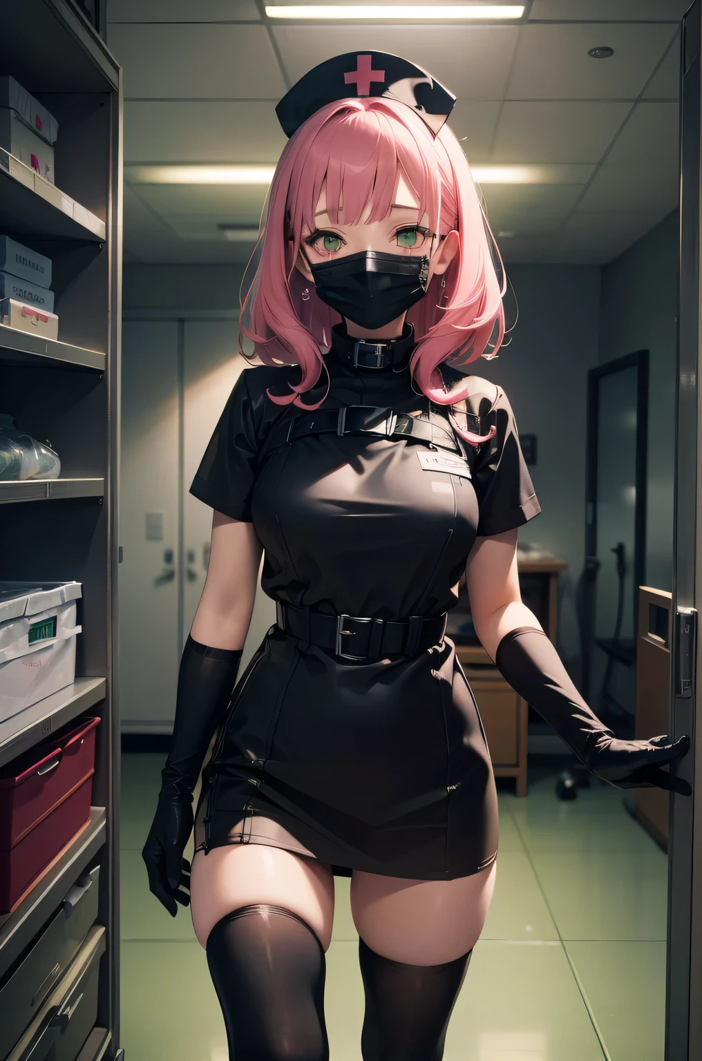 black nurse, 1girl, solo, black nurse cap, black wear, ((black legwear, zettai ryouiki)), black elbow gloves, pink hair, green eyes, drooping eyes, ((black surgical mask, covered nose)), standing, ((surgery room)), sharp outline, short sleeves, best quality, masterpiece