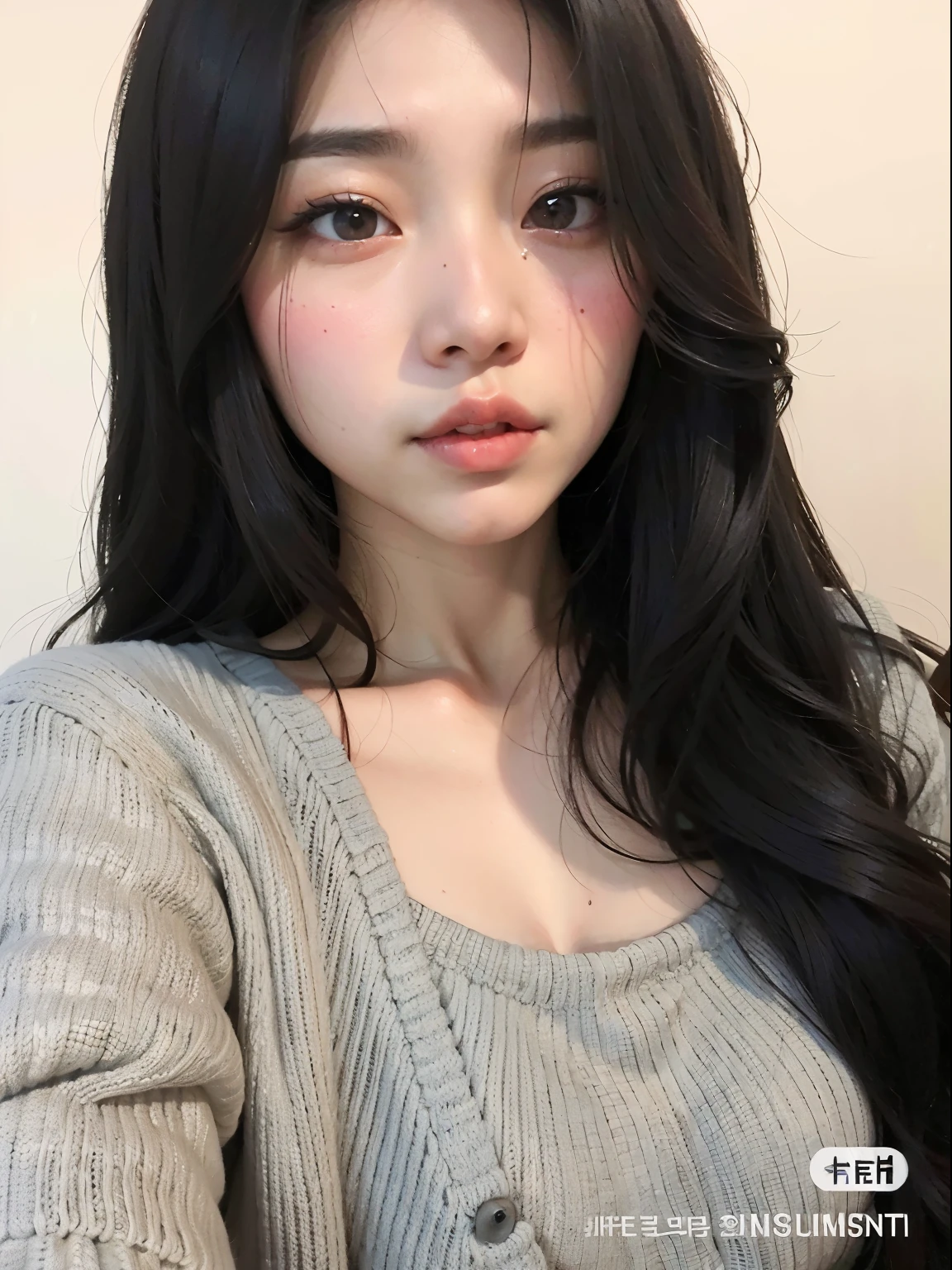 A closeup of a woman with long hair wearing a sweater;, Ulzzang, menina coreana, Jaeyeon Nam, young adorable korean face, Mulher sul-coreana bonita, linda mulher coreana jovem, cruel korean goth girl, wan adorable korean face, Heonhwa Choe, Jinyoung Canela, korean symmetrical face, com cabelos longos e olhos penetrantes, korean face features