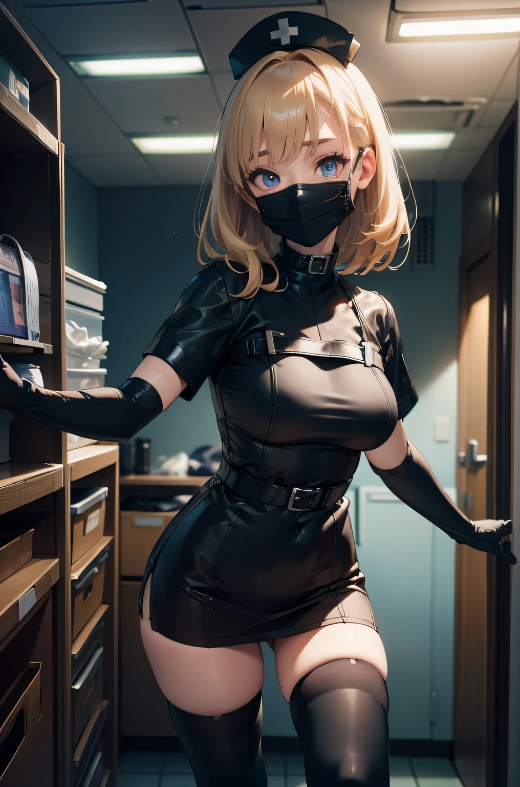 black nurse, 1woman, solo, black nurse cap, black wear, ((black legwear, zettai ryouiki)), black elbow gloves, blonde hair, blue eyes, ((black surgical mask, covered nose)), standing, ((surgery room)), sharp outline, short sleeves, mature female, 35 years old, best quality, masterpiece