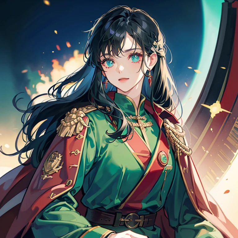 A girl with long black hair wearing a red and green military uniform,Blue inner color for hair,Has bangs,Eyes are blue,Glowing blue eyes,red military uniform with green cape,Beauty,A slight smil
