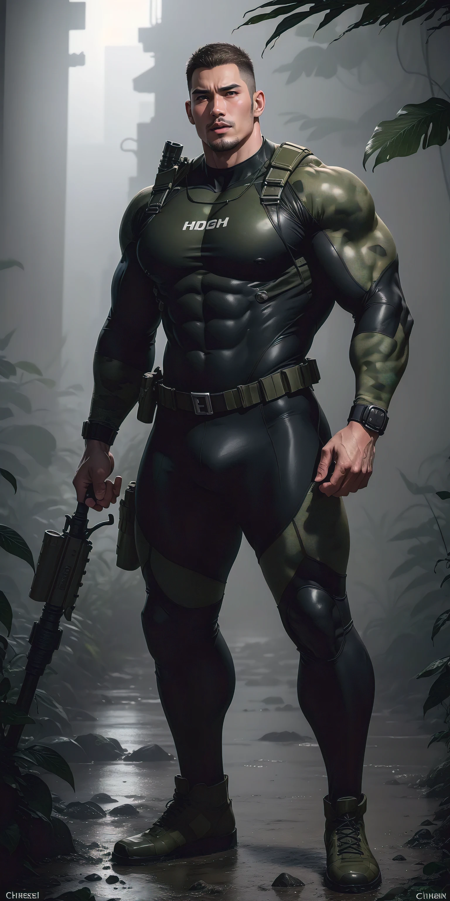 A tall, humongous large breast, Muscular man screaming with his mouth open.，Khaki camouflage uniform，character  design（Resident Evil - Chris Redfield，Chris Redfield）buzz clip，Wearing a khaki camouflage wetsuit，Matte texture，Regular symmetrical texture pattern，Standing in the dark sugar cane jungle, The body is wrapped in thick rattan，expression sad，Deep and charming eyes，The hero with emerald pupils，heroic masculine pose，Tall and burly，musculous！Charming leg muscles，tall, Burly, and strong， Wearing a khaki camouflage wetsuit， Super gain and cool， commission for high resolution， Big feet in black boots，Charming strong man，Bright sunlight shines on the body，Matte particles with shiny texture