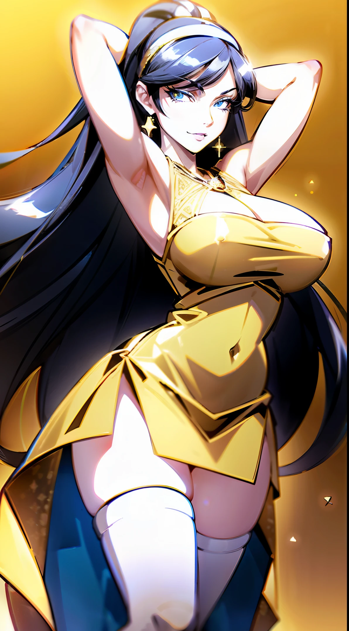 kumashiro maya, hairband, face focus, bracelet, thighhighs, makeup, mascara, evil grin, smirk 1girl, solo,
jinmeng, golden layered dress, sparkle, see-throug, jewelry, arms behind head, armpit, jewelry, necklace, waist cutout, wide spread legs BREAK masterpiece, best quality, glowing skin, mature figure, voluptuous body, shiny skin, mature women, gigantic hanging breasts, from the front, (chromatic aberration, intricate details), dynamic angle, 40K, HDR, highres,