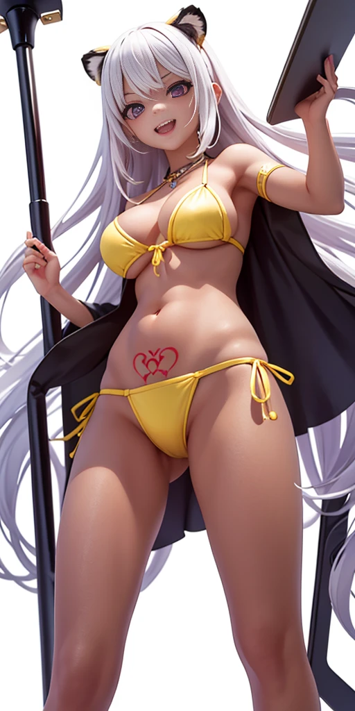 (Best quality, 4k, Masterpiece :1.3) 1girl, long hair, pc_chan, chibi:1.5, silver hair, purple eyes, dark skin, white background, (full body:1.2), (mischievous:1.2), body standing symmetrical beautiful woman, hyper realistic, 1girl, yellow tiger bikini, barefoot, inside bedframe, perfect body, pose, (tatto:1),red slave tatto in stomach, ((1girl:1)), full body, dark skin, human, ((full_body)) from below, 1girl, laughing, Girl, A half body, Dilated yin, Be red in the face