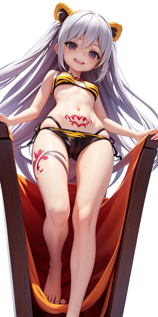 (Best quality, 4k, Masterpiece :1.3) 1girl, long hair, pc_chan, chibi:1.5, silver hair, purple eyes, dark skin, white background, (full body:1.2), (mischievous:1.2), body standing symmetrical beautiful woman, hyper realistic, 1girl, yellow tiger bikini, barefoot, inside bedframe, perfect body, pose, (tatto:1),red slave tatto in stomach, ((1girl:1)), full body, dark skin, human, ((full_body)) from below, 1girl, laughing, Girl, A half body, Dilated yin, Be red in the face