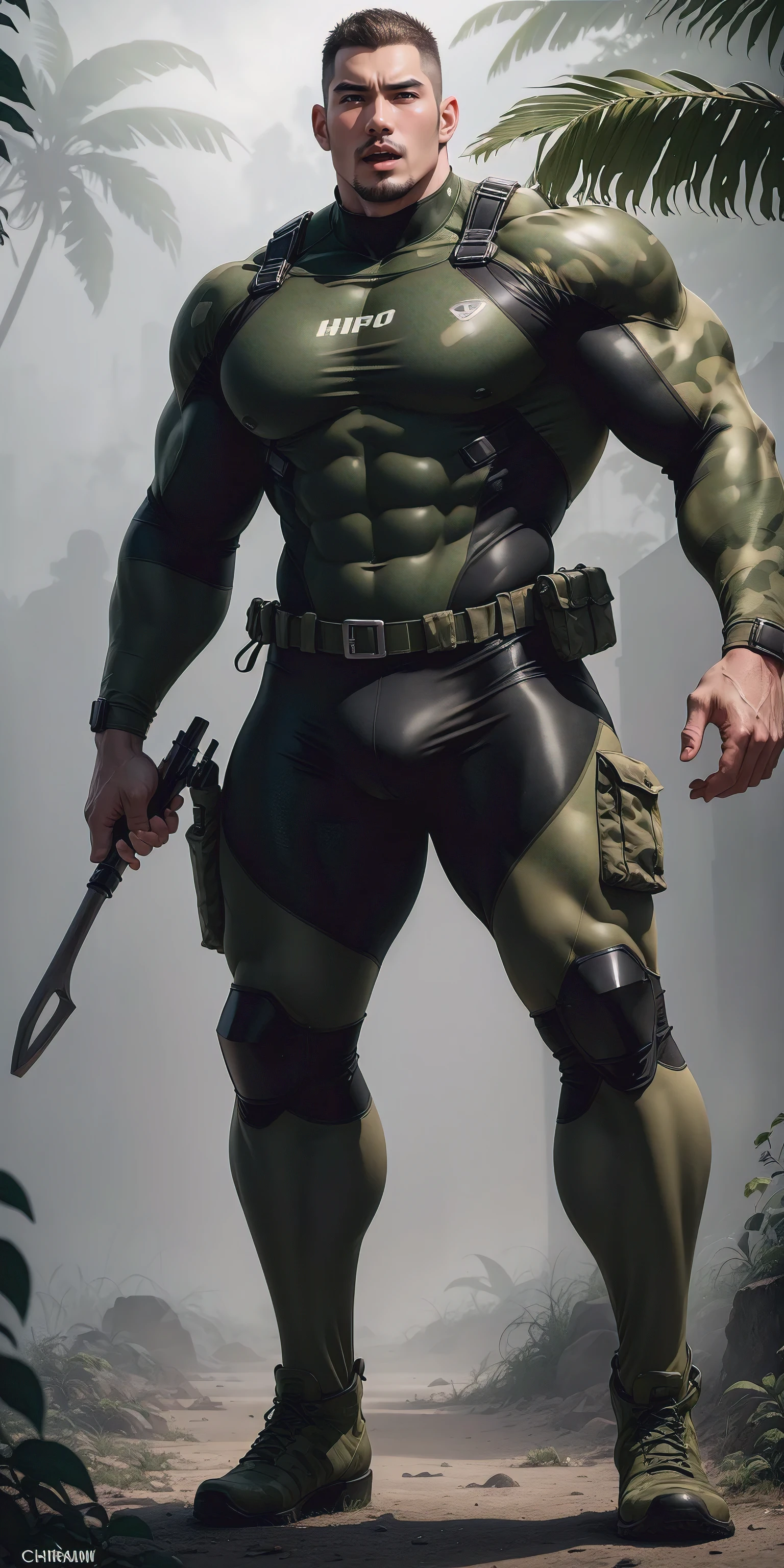A tall, humongous large breast, Muscular man screaming with his mouth open.,Khaki camouflage uniform,character design(Resident Evil - Chris Redfield,Chris Redfield)buzz clip,Wearing a khaki camouflage wetsuit,Matte texture,Regular symmetrical texture pattern,Standing in the dark sugar cane jungle, The body is wrapped in thick rattan,expression sad,Deep and charming eyes,The hero with emerald pupils,heroic masculine pose,Tall and burly,musculous!Charming leg muscles,tall, Burly, and strong, Wearing a khaki camouflage wetsuit, Super gain and cool, commission for high resolution, Big feet in black boots,Charming strong man,Bright sunlight shines on the body,Matte particles with shiny texture