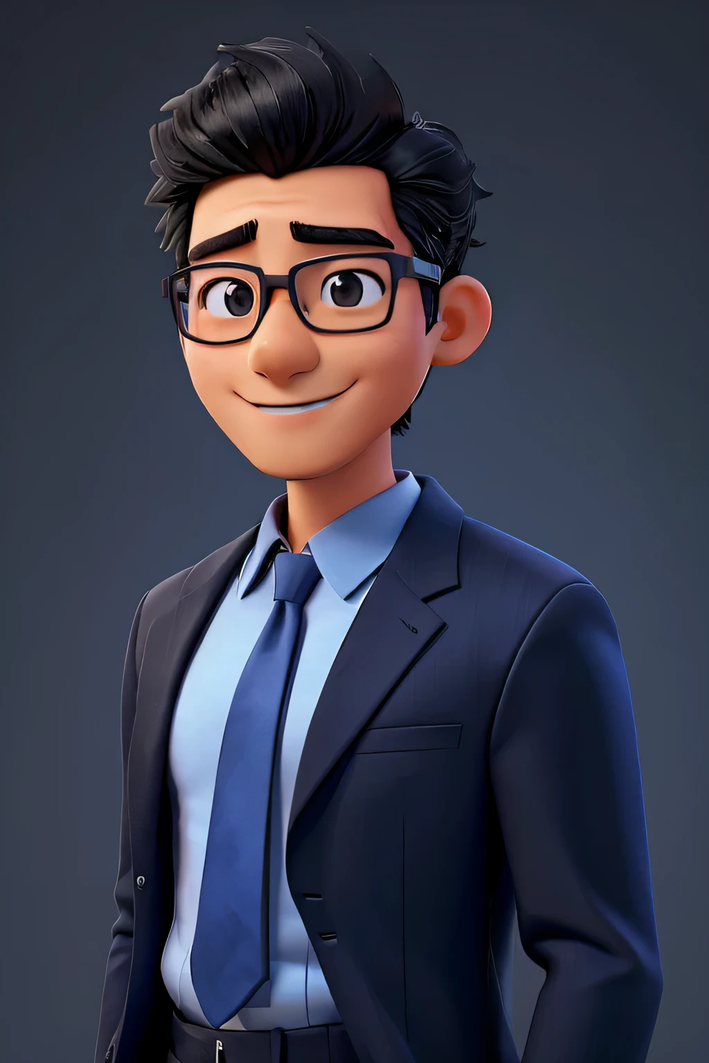 business asian male，brunette color hair，Wearing glasses，ssmile，Blue shirt black suit，Red and blue tie