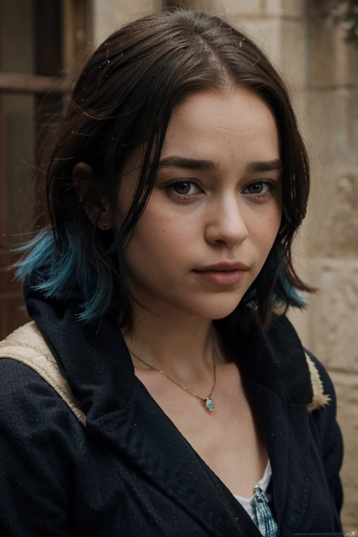 Please create an image of a 21 years old woman at christmas with blue hair and make her face look like emilia clarke