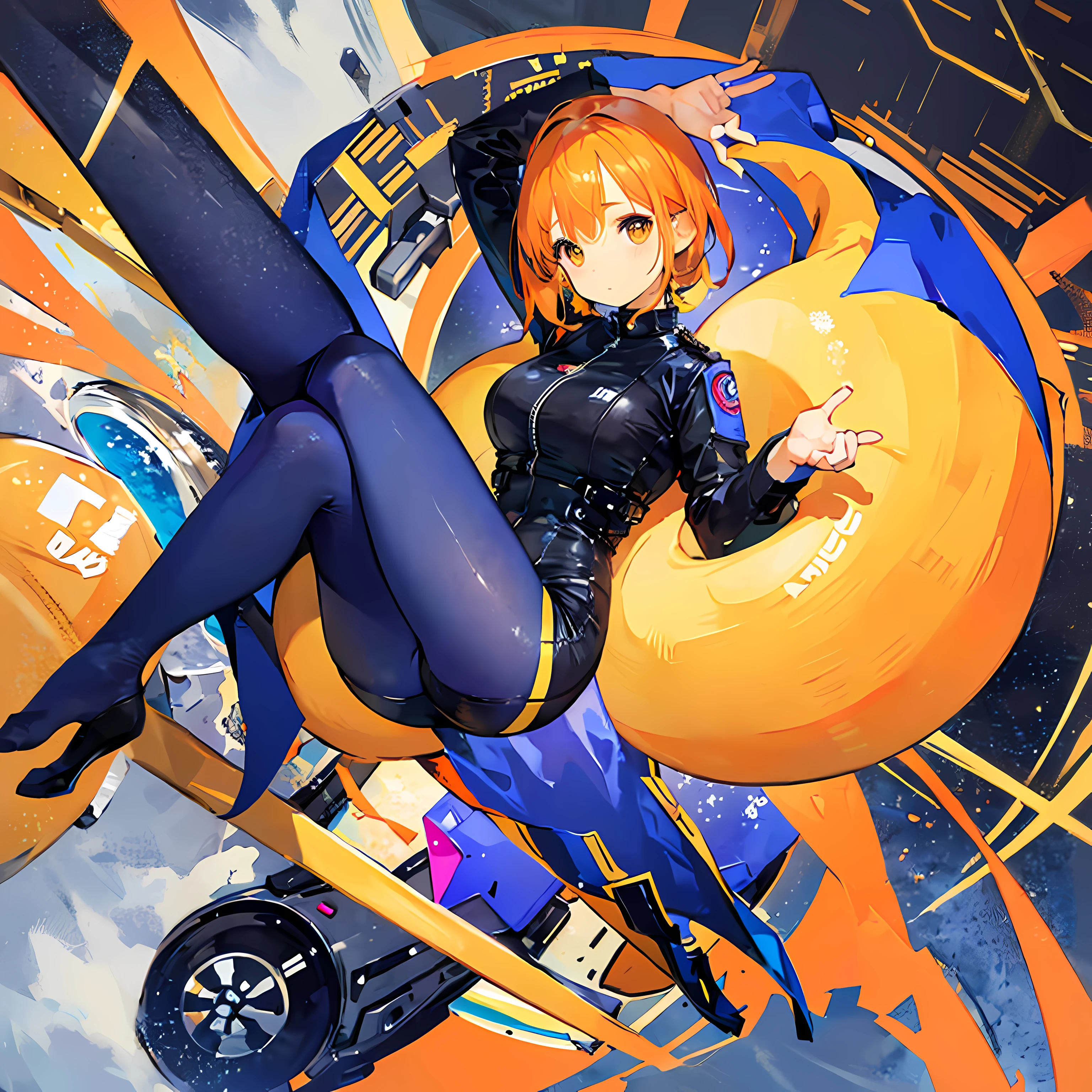 1 female、Orange hair、Colossal titig aslack catsuit、yellow eyes、Large, thick thighs、a short bob、wide hips、pantyhose