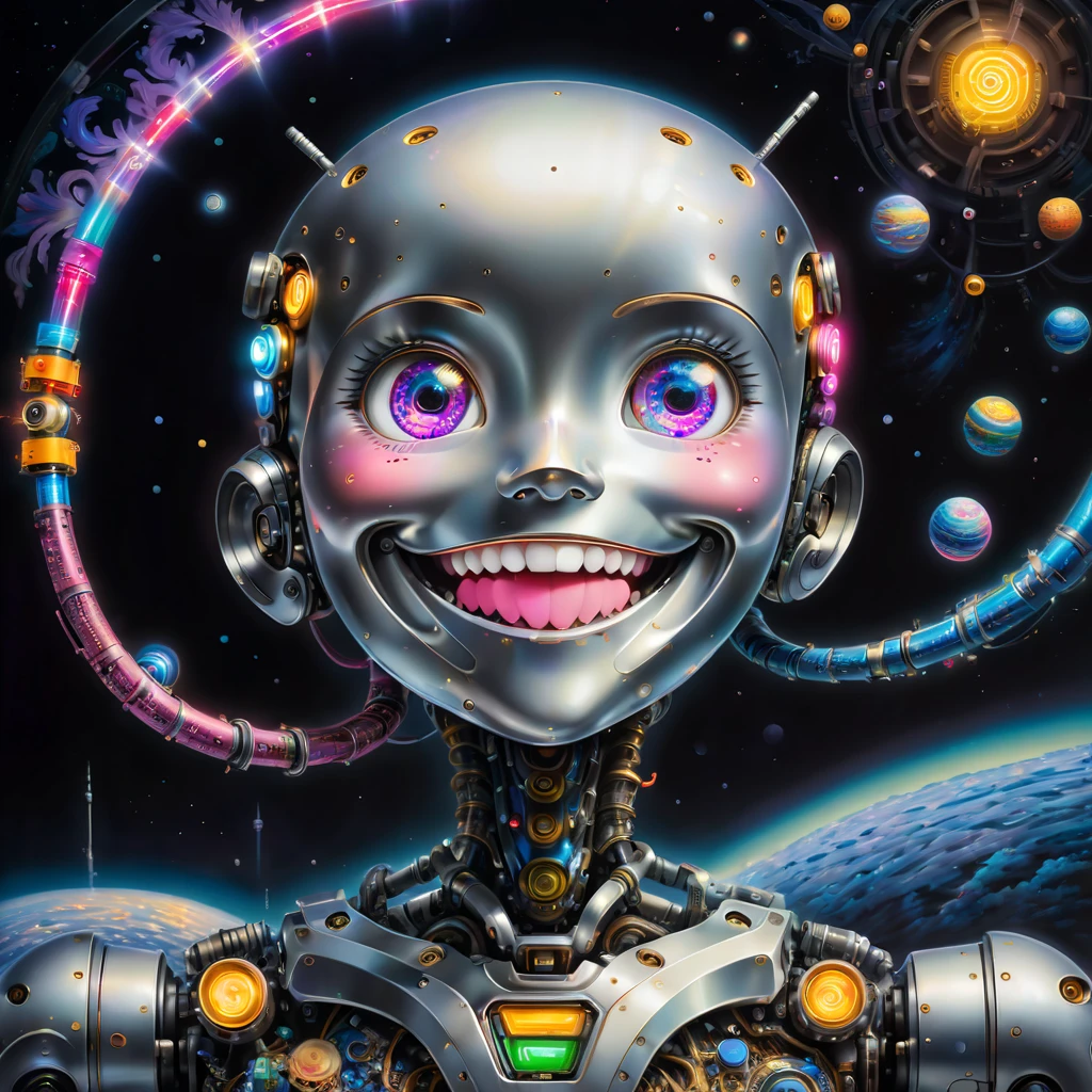 In a distant future，In a city illuminated by technology and neon lights，A giant painting of a robot’s smiling face stands。

The background of this painting is the deep universe，Dotted with brilliant stars and swirling nebulae。The robot&#39;s smiling face is in the center of the painting，takes up most of the space。

The smiley face is made of metal and electronic components，surface covered with sparkling neon lights。Its eyes are two bright LED lights，The mouth is a curved metal bar，the ends are upturned，form the arc of a smile。

The smiley face is surrounded by various electronic components and mechanical devices，They&#39;re like robot nerves，constantly shining。These elements and devices are connected to smiley faces，seems to give it life and consciousness。

in the lower right corner of the painting，There is a  girl standing in front of the robot&#39;s smiling face。She was dressed in shabby clothes，With an expression of curiosity and awe on his face，Looking up at the giant robot smiling face。

This painting depicts a technological and futuristic scene，it is reminiscent of artificial intelligence、The relationship between robots and humans。It also makes people think about the status and role of human beings in the future world。