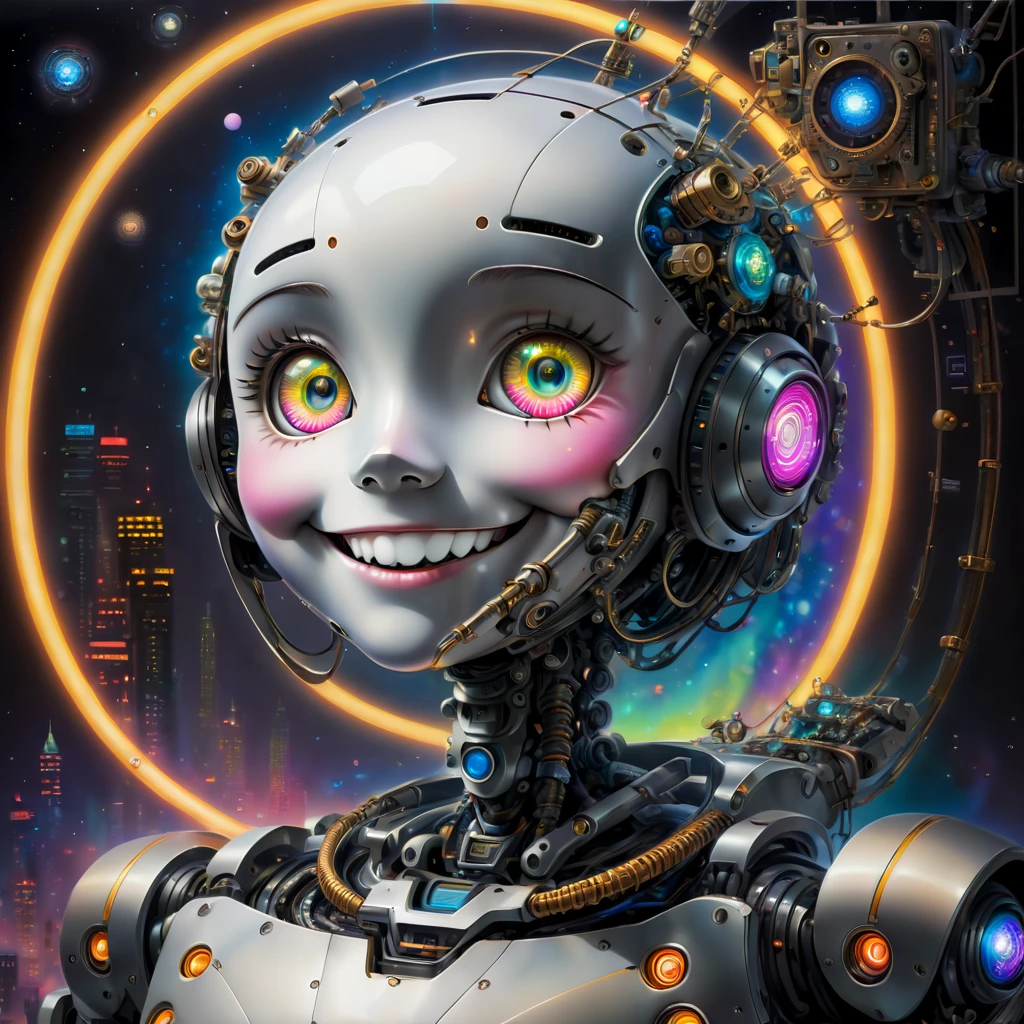 In a distant future，In a city illuminated by technology and neon lights，A giant painting of a robot’s smiling face stands。

The background of this painting is the deep universe，Dotted with brilliant stars and swirling nebulae。The robot&#39;s smiling face is in the center of the painting，takes up most of the space。

The smiley face is made of metal and electronic components，surface covered with sparkling neon lights。Its eyes are two bright LED lights，The mouth is a curved metal bar，the ends are upturned，form the arc of a smile。

The smiley face is surrounded by various electronic components and mechanical devices，They&#39;re like robot nerves，constantly shining。These elements and devices are connected to smiley faces，seems to give it life and consciousness。

in the lower right corner of the painting，There is a little girl standing in front of the robot&#39;s smiling face。She was dressed in shabby clothes，With an expression of curiosity and awe on his face，Looking up at the giant robot smiling face。

This painting depicts a technological and futuristic scene，it is reminiscent of artificial intelligence、The relationship between robots and humans。It also makes people think about the status and role of human beings in the future world。