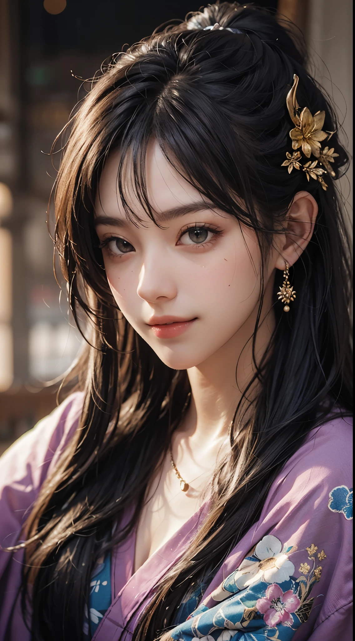 Best Quality, masutepiece, 超A high resolution, (Photorealistic:1.4), Raw photo, 1girl in, modern kimono, long pony hair, Indoor, Summer noon,Detailed eyes,(realisticeyes),delicated face,realskin,detailed hairs,Detailed skin,Beautiful face,Smiling、((Beautiful hair ornament))、