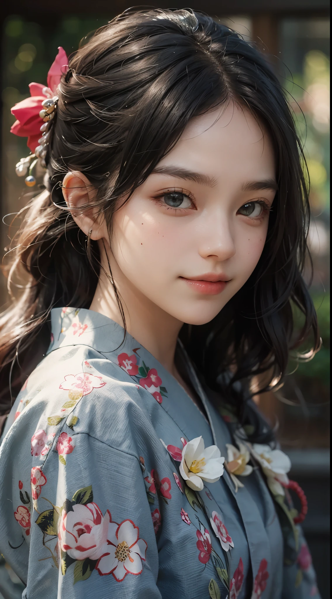 Best Quality, masutepiece, 超A high resolution, (Photorealistic:1.4), Raw photo, 1girl in, modern kimono, long pony hair, Indoor, Summer noon,Detailed eyes,(realisticeyes),delicated face,realskin,detailed hairs,Detailed skin,Beautiful face,Smiling、((Beautiful hair ornament))、