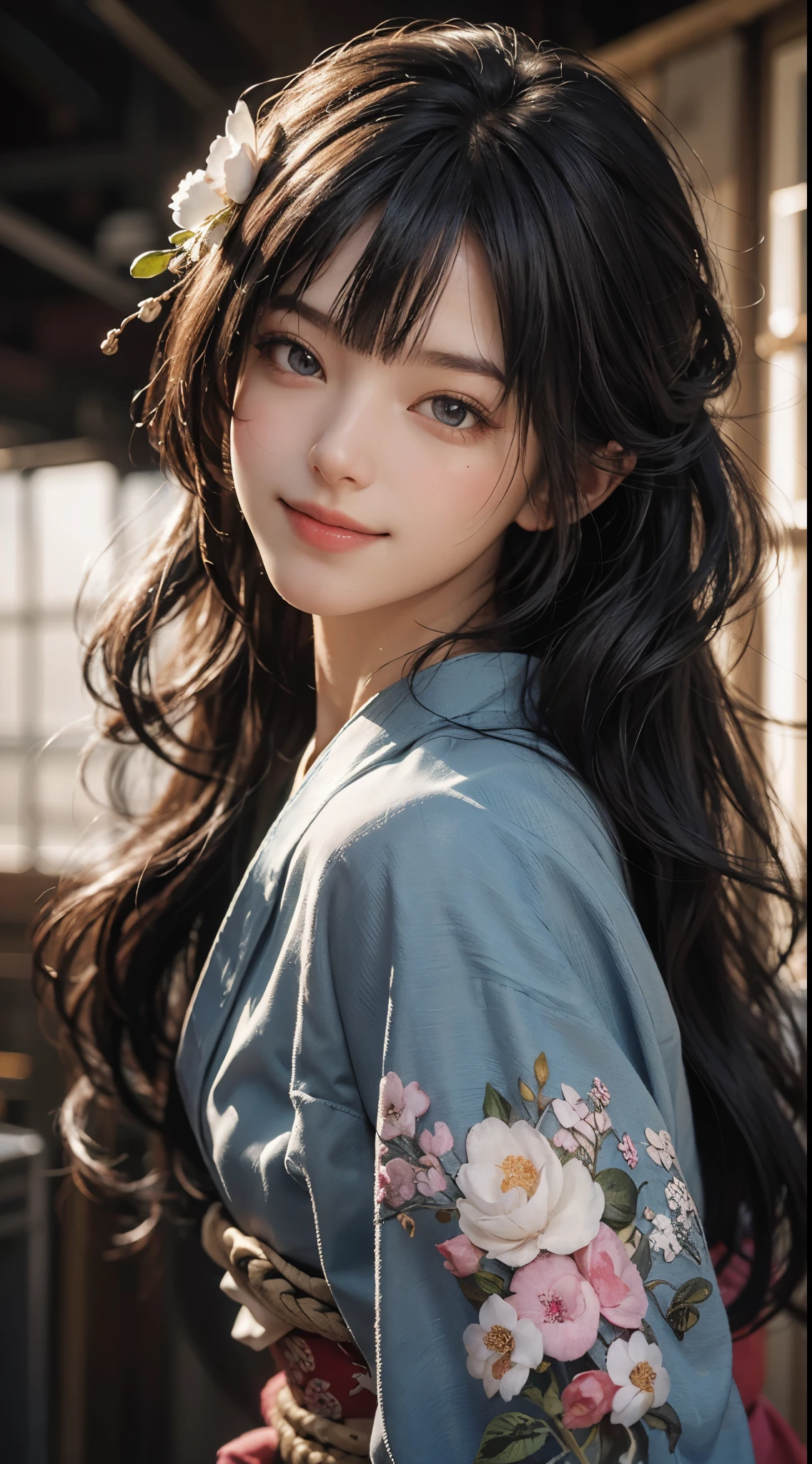 Best Quality, masutepiece, 超A high resolution, (Photorealistic:1.4), Raw photo, 1girl in, modern kimono, long pony hair, Indoor, Summer noon,Detailed eyes,(realisticeyes),delicated face,realskin,detailed hairs,Detailed skin,Beautiful face,Smiling、((Beautiful hair ornament))、