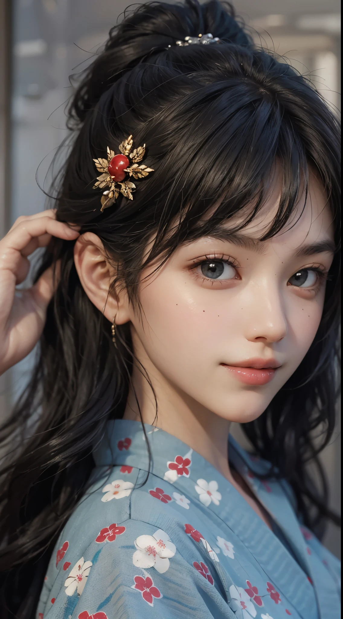 Best Quality, masutepiece, 超A high resolution, (Photorealistic:1.4), Raw photo, 1girl in, modern kimono, long pony hair, Indoor, Summer noon,Detailed eyes,(realisticeyes),delicated face,realskin,detailed hairs,Detailed skin,Beautiful face,Smiling、((Beautiful hair ornament))、