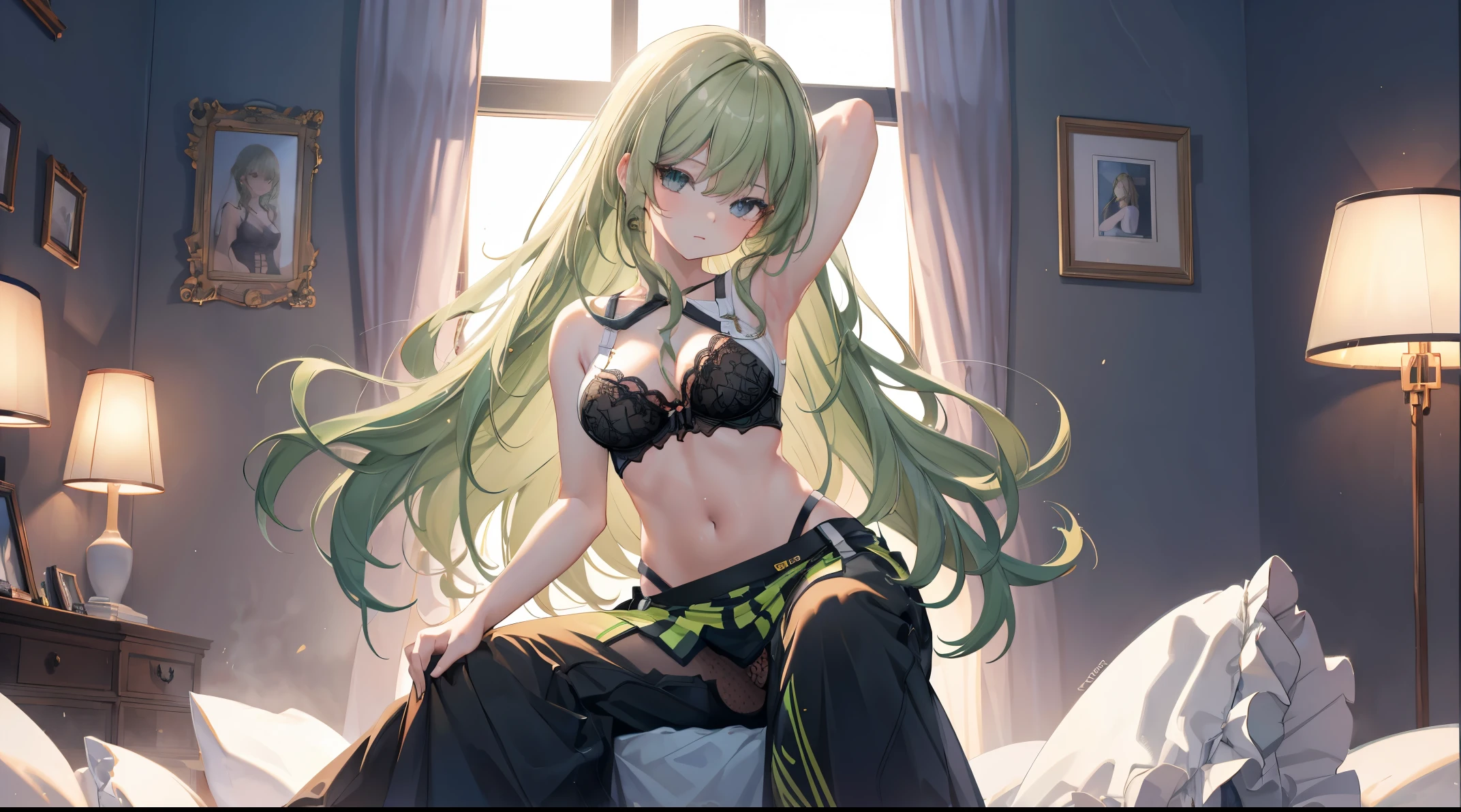 ((4k, masterpiece, top-quality)),8k, best quality, high resolution, HD, (illustration:0.8), super cute girl, delicate and beautiful face, mature girl, super cute hairstyle,, extremely detailed face, perfect lighting, extremely detailed CG, (perfect hands, perfect anatomy), super complex details, intricate details, Best quality, green hair, small breasts, cleavage, navel, t-shirt, ((bra)),clothes lift, skirt, lying, full Body, perfect body ,sitting, armpit