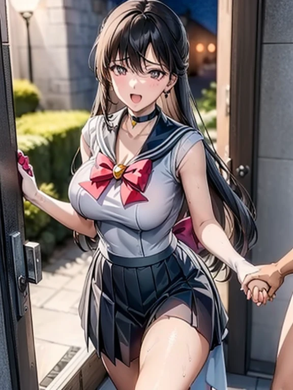 masterpiece, best quality, finely detailed, 1girl, pink_rose hair, pleated skirt, (sailor senshi uniform), huge breasts, cleavage, (Country house,Lover's House,open the door:1.2),moonlight night,open mous,Five Fingers,Shiny skin,(She want to have sex,Hold out your hand,hold hands:1.5),she is inviting me,bad eyes,(skinny body type),open mouth,