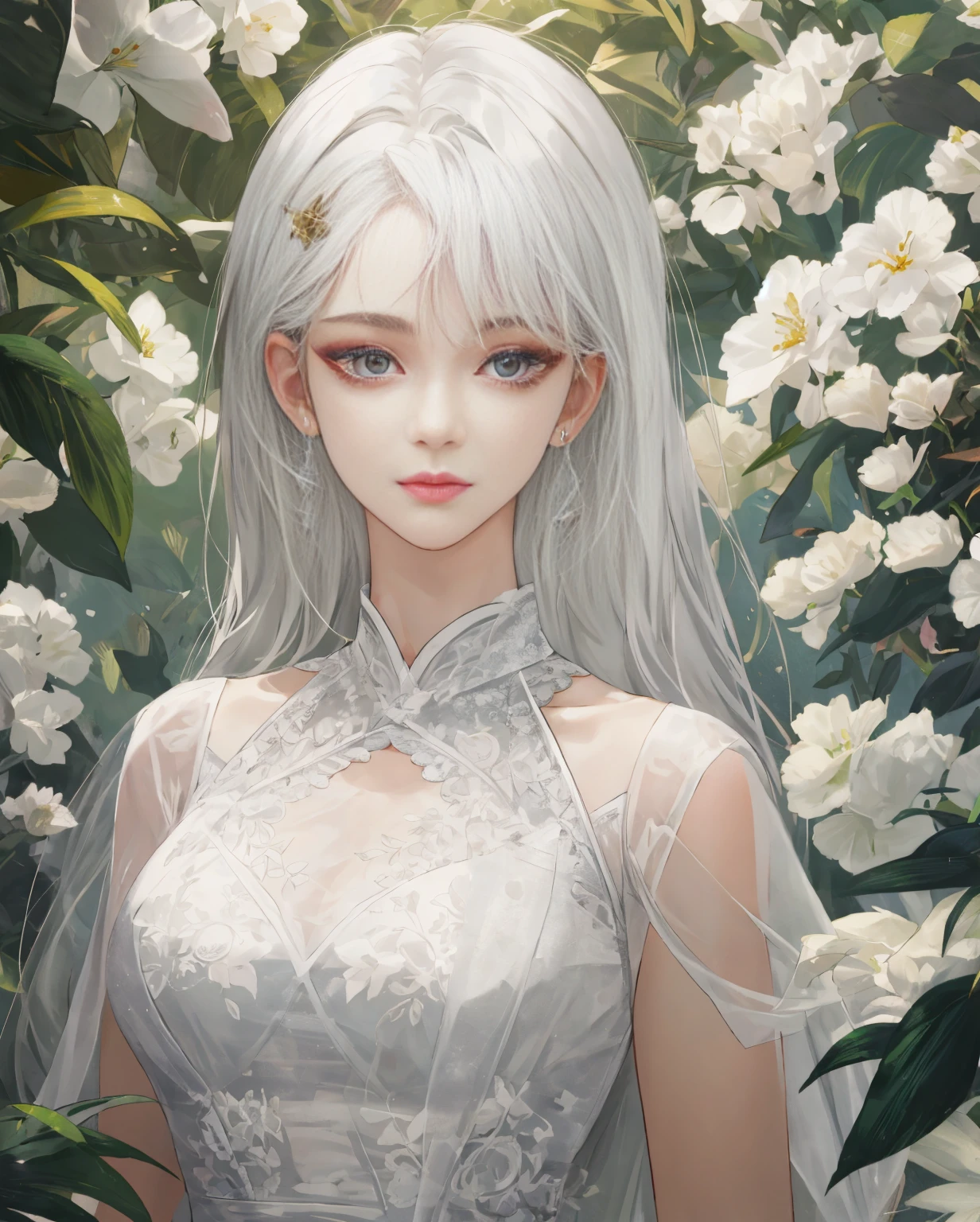 (Extremely Delicate and Beautiful:1.2), 8K ,(Masterpiece:1.0),(best_quality:1.0), 1girl, mature woman, complex details, enlarged textures, complex details, finely detailed eyes and detailed face, intricate details, white hair, (closed mouth), perfect eyes, equal eyes, (goddess), perfect body, extremely detailed