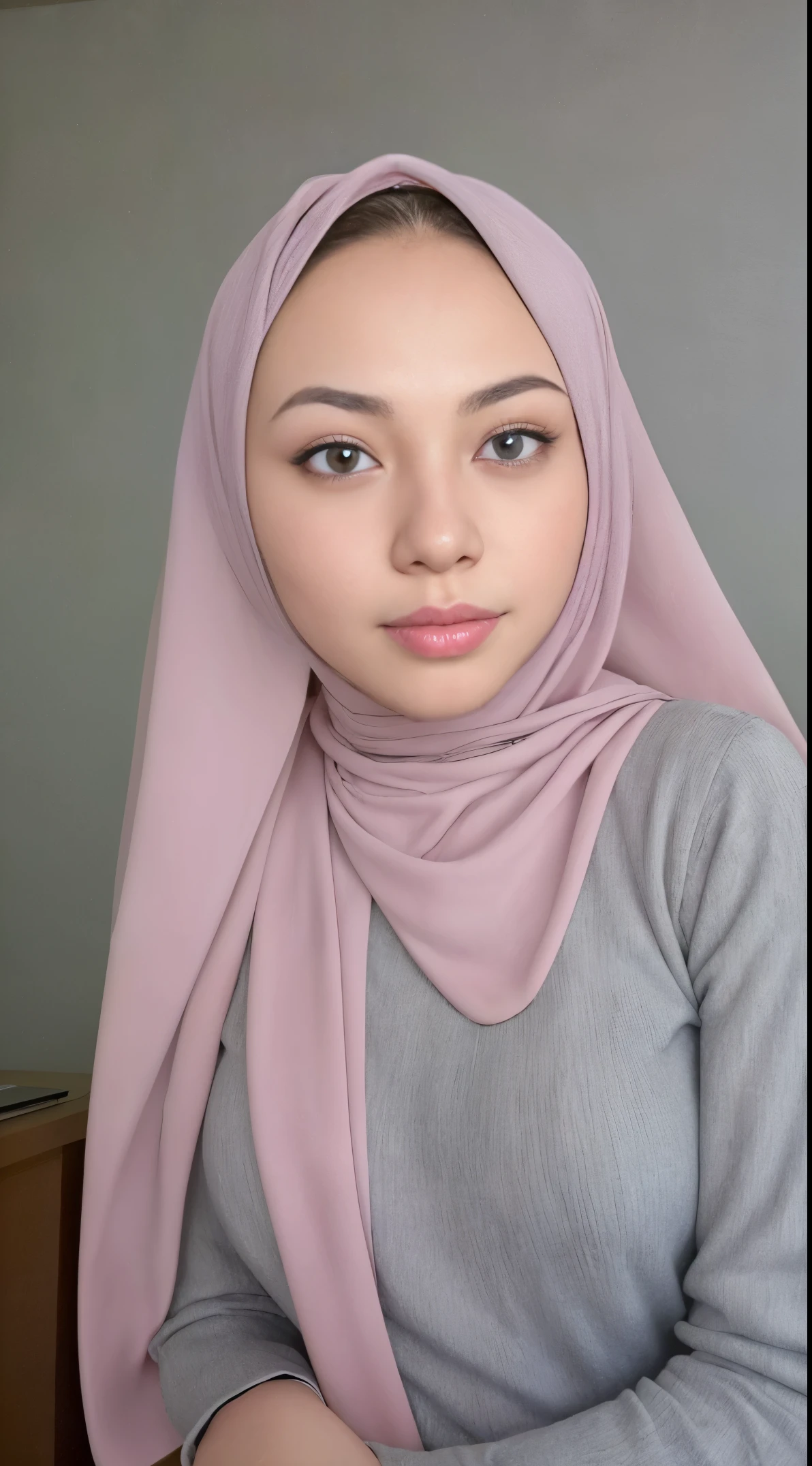 (very cute girl) , like mira filzah face, (raw photo:1.2), (()), (photorealistic:1.4), russia mix korea hyper white skin, realistic skin texture, pale skin, very detailed eyes and face, beautiful detailed eyes, turkish nose, super detailed, high resolution, very detailed, masterpiece,unified, 48k wallpaper, amazing, Fine details, masterpiece, best quality, ((Tight F cup breasts size)), straight long hair, (extra long hair : 1.5), dark brown hair, elegant hair style, light on face, cinematic lighting, 1girl, perfect body, slim abs, skinny, ((1 malay girl , beautiful face)), hyper realistic bright lighting, realistic shadow, ((wearing a twisted pajamas, purple color pajamas)), ((perfectly composition)), dynamic poses, dynamic shot angle, (All grey background)