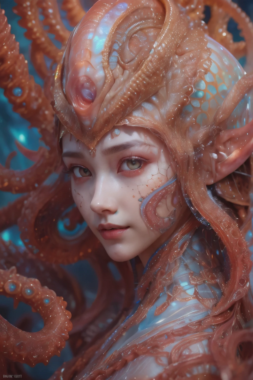 Portrait, (beautiful female alien:1.2), (There is a female genital-like organ in the middle of the forehead:1.8), (The most beautiful face in the history of the universe:1.2), (scarlet eyes:1.6), (Translucent skin:1.8), an evil gaze that seduces , (red eyes:1.5), Full body like, (bio luminescent:1.2), (Smile wickedly:1.3), (sexypose:1.5), alien, No humans, cells are fused, (Lots of translucent tentacles:1.1) (Translucent skin:1.3), extraterrestrial, cell, bio image, 魅惑的, Best Quality, 8K,4K_quality, High Definition, Dramatic Lighting, masutepiece:1.5,cinematic quality, detail up, (Intricate details:1.2), High resolution, High Definition, drawing faithfully, (Thick eyebrows:1.2), Beautiful eyes with fine symmetry, (Ultra detailed eyes:1.2),(Highly detailed face and eyes:1.2), (High-resolution red-eye:1.4), Intimate face, (Super detailed skin quality feeling:1.4), Perfect Anatomy, (Beautiful toned body:1.5), (Moist skin:1.2), No makeup, (dark circles:1.1), long canines, cinematic drawing of characters, ultra high quality model, cinematic quality, detail up, (Intricate details:1.2), High resolution, High Definition, drawing faithfully, Official art, Unity 8K wall , 8K Portrait, Best Quality, Very High resolution, ultra detailed artistic photography, midnight aura, unreal enginee 5, Ultra Sharp Focus, art by alberto seveso, ArtGerm, Roisch, intricate artwork, Medusa, best quality, masutepiece, ultra High resolution, (photos realistic:1.4), Ultra-realistic realism, dream-like, nautilus, Creation of fantasy, Snail, Dream Snail, biopunk nautilus, Thrilling color schemes, Ultra-realistic realism, seductively smiling, Blue tentacles
