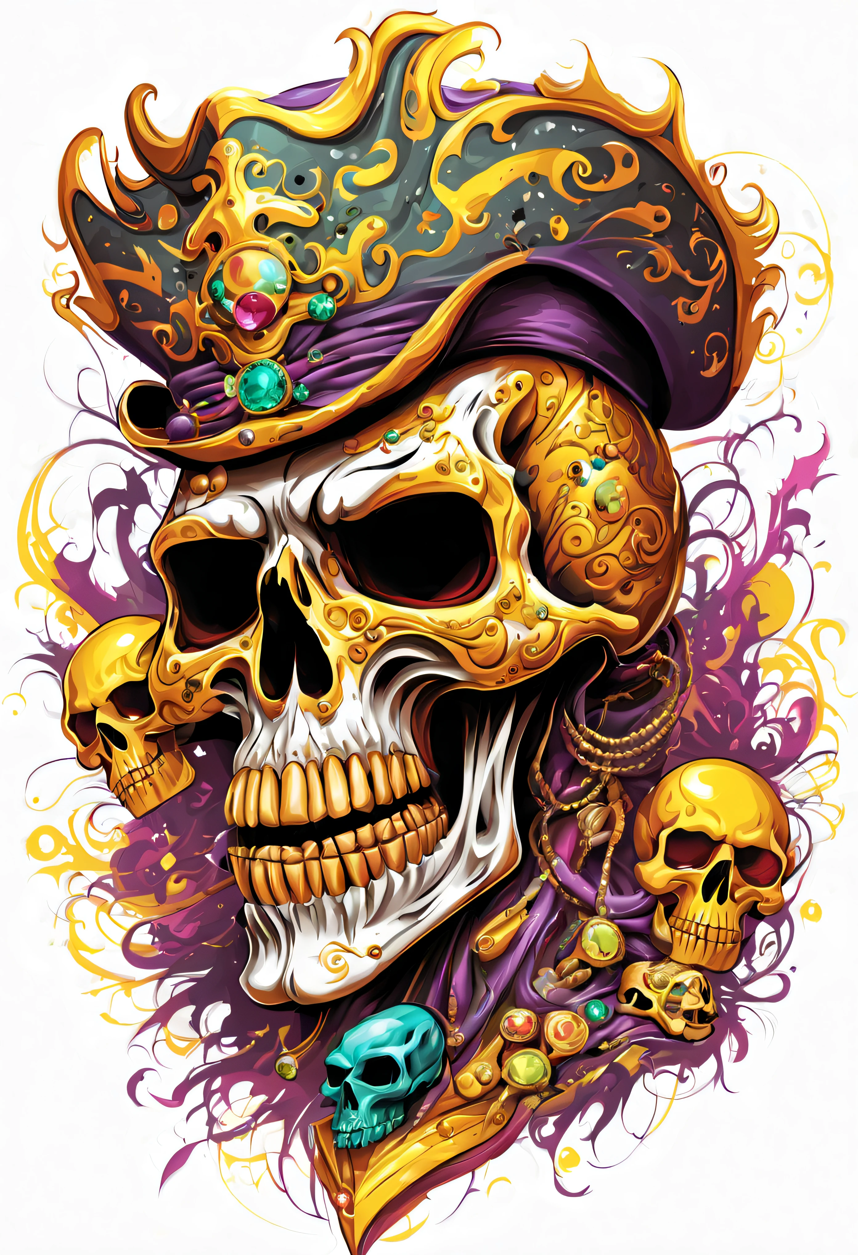 T-shirt art vector ready to print colorful graffiti illustration of masquerade party yellow pirate skull and hat web decorated with jewels of precious rubies and emeralds and skeleton beard decorated with yellow diamonds, teeth of beautiful stone jewelry, front perspective, action shot, vibrant color And welding, high detail, white background