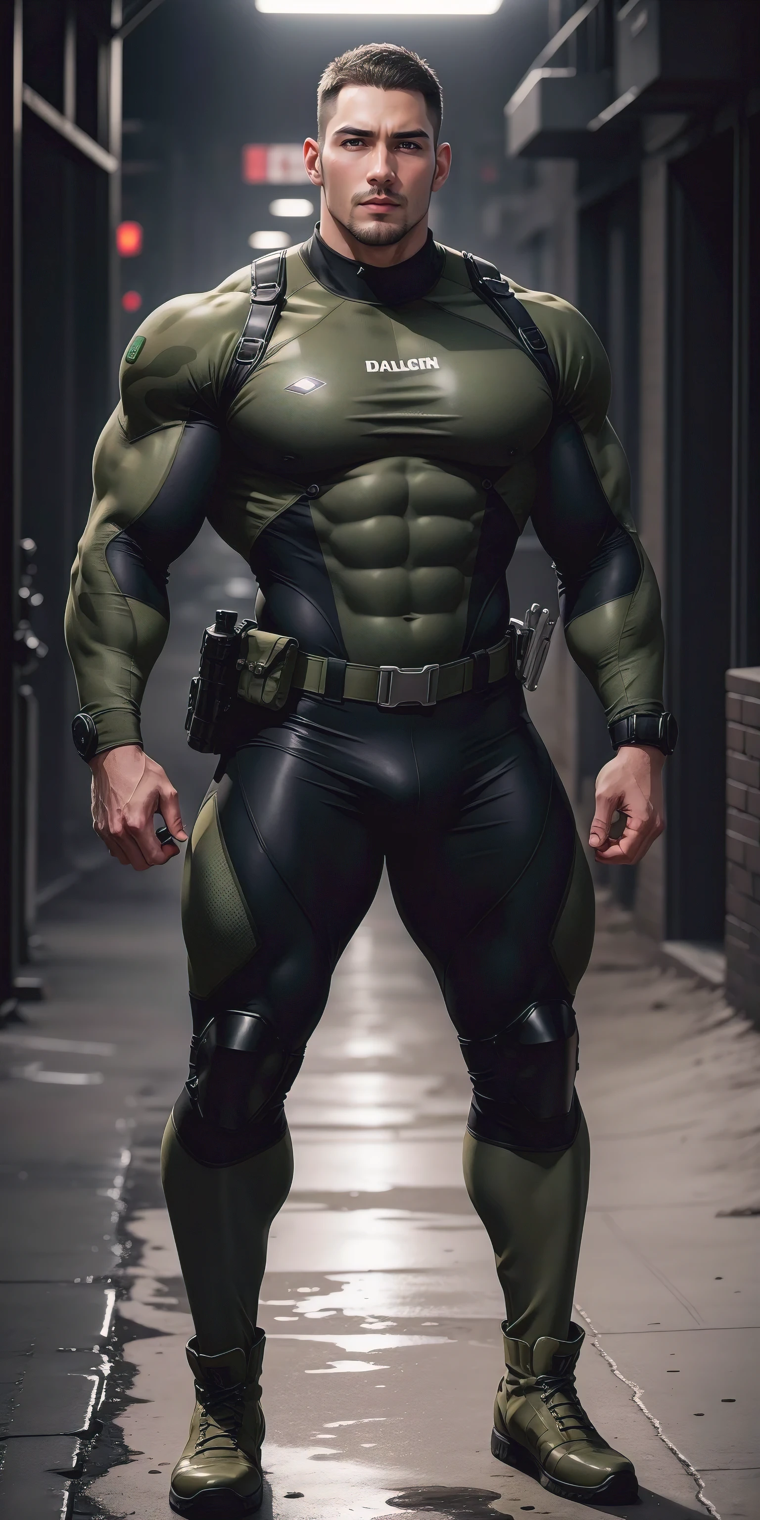 A tall, humongous large breast, Muscular man screaming with his mouth open.,Khaki camouflage uniform,character design(Resident Evil - Chris Redfield,Chris Redfield)buzz clip,Wearing a khaki camouflage wetsuit,Matte texture,Regular symmetrical texture pattern,Standing at an open-air military base training camp, Hug affectionately with the superior police officer,expression sad,Deep and charming eyes,The hero with emerald pupils,heroic masculine pose,Tall and burly,musculous!Charming leg muscles,tall, Burly, and strong, Wearing a khaki camouflage wetsuit, Super gain and cool, commission for high resolution, Big feet in black boots,Charming strong man,Bright sunlight shines on the body,Matte particles with shiny texture