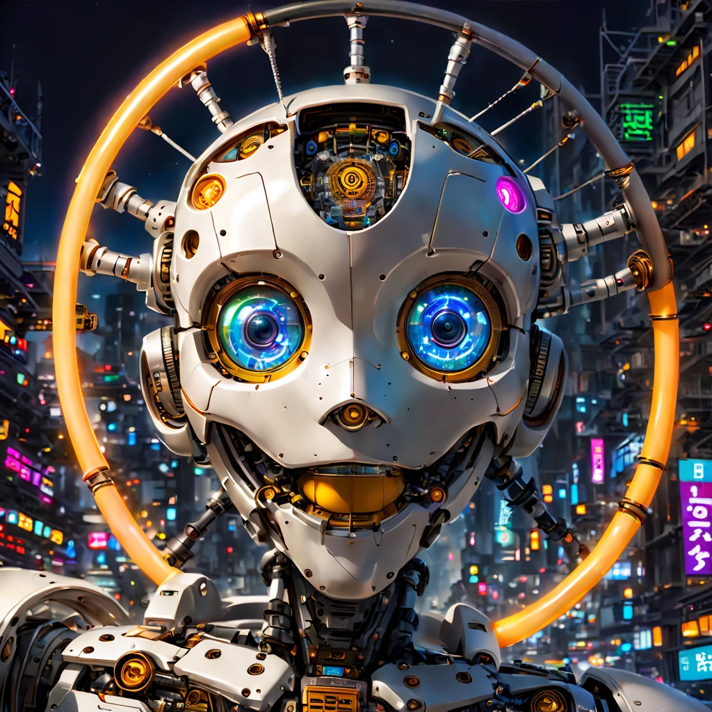 (Close-up of the head: 1.8), In a distant future,In a city illuminated by technology and neon lights,A giant painting of a robot’s smiling face stands。 The background of this painting is the deep universe,Dotted with brilliant stars and swirling nebulae。The robot's smiling face is in the center of the painting,takes up most of the space。 The smiley face is made of metal and electronic components,表面覆盖着闪闪with light glowing的霓虹灯。Its eyes are two bright LED lights,The mouth is a curved metal bar,the ends are upturned,form the arc of a smile。 The smiley face is surrounded by various electronic components and mechanical devices,They're like robot nerves,constantly shining。These elements and devices are connected to smiley faces,seems to give it life and consciousness。 in the lower right corner of the painting,There is a standing in front of the robot's smiling face。She was dressed in shabby clothes,With an expression of curiosity and awe on his face,Looking up at the giant robot smiling face。 This painting depicts a technological and futuristic scene,it is reminiscent of artificial intelligence、The relationship between robots and humans。It also makes people think about the status and role of human beings in the future world,(Perspectives, first person perspective, Ghibli-style colors, with light glowing, 电影灯光, hyper HD, tmasterpiece, acurate, Anatomically correct, ctextured skin, super detailing, high detal, high qulity, Award-Awarded, Best quality at best, 8k)
