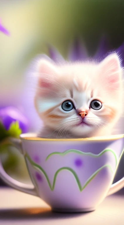 Very cute white tropicpunk kitten, big eyes, in cup, open mouth, laugh, excitement, flowers, professional light, depth of field 8k, purple gold magic moment, professional photography, octane rendering, super realistic - amazing sunlight, dynamic composition, photography, sharp focus, background bokeh