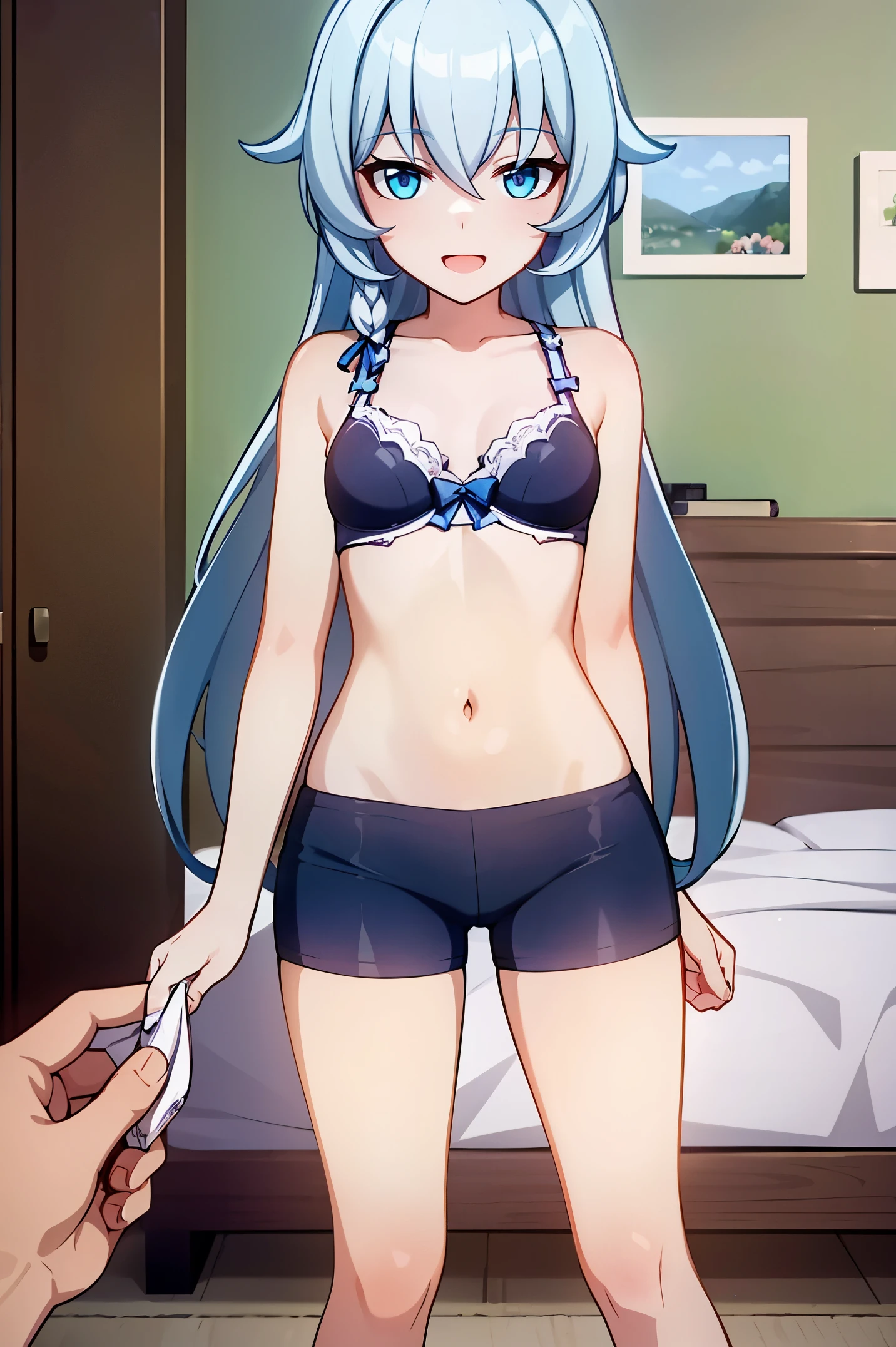 1 girl, best quality, ultra high res, long hair, blue hair, blue eyes, shigure kira, looking at viewers, small breast, standing, pov, slim body, loli body, small body, short body, smile, open mouth, bra, white bra, black bike shorts, bedroom, white bed sheets,