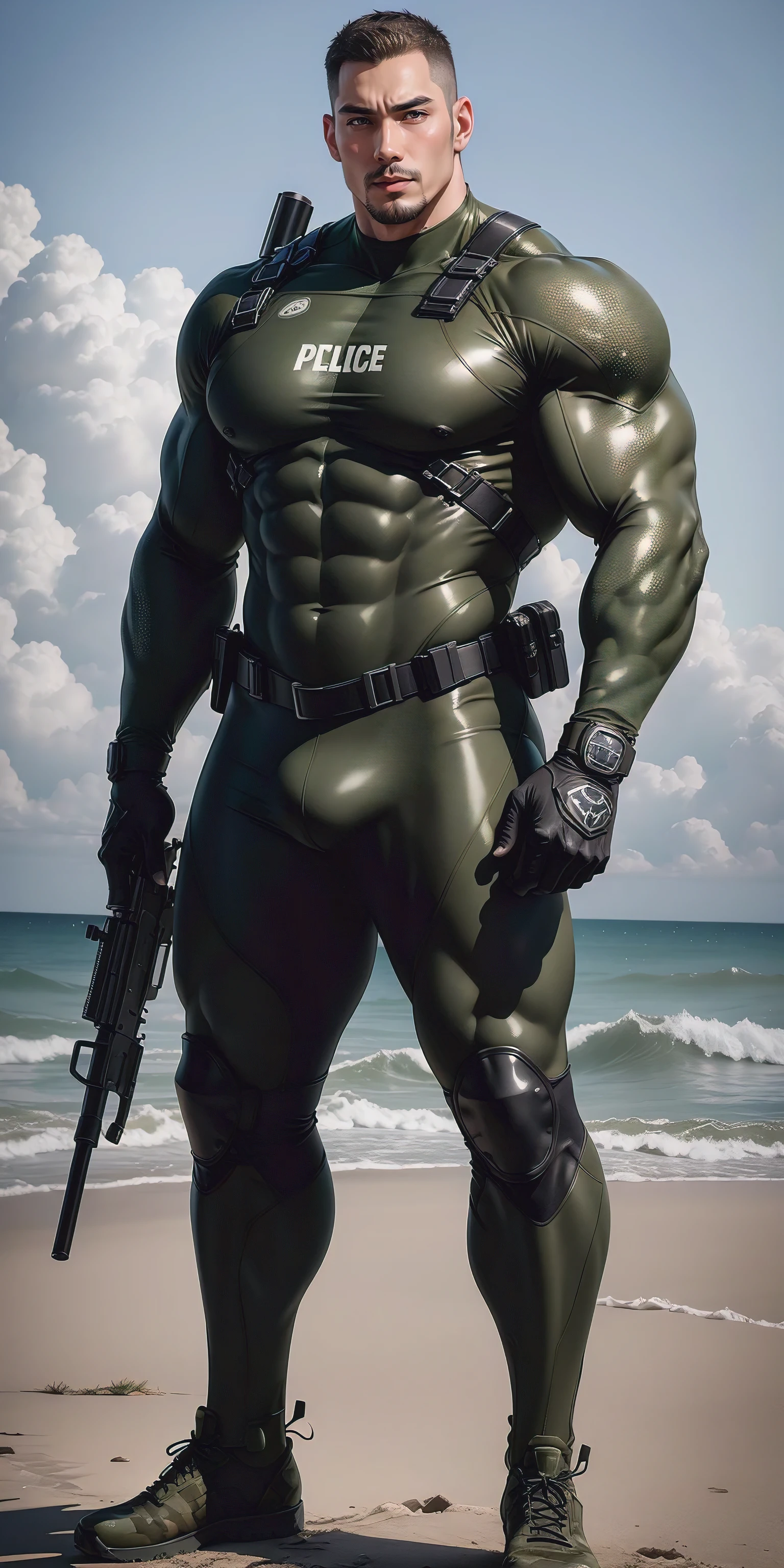 A tall, humongous large breast, Muscular man screaming with his mouth open.，Khaki camouflage uniform，character  design（Resident Evil - Chris Redfield，Chris Redfield）buzz clip，Wearing a khaki camouflage wetsuit，Matte texture，Regular symmetrical texture pattern，Standing at an open-air military base training camp, Hug affectionately with the superior police officer，expression sad，Deep and charming eyes，The hero with emerald pupils，heroic masculine pose，Tall and burly，musculous！Charming leg muscles，tall, Burly, and strong， Wearing a khaki camouflage wetsuit， Super gain and cool， commission for high resolution， Big feet in black boots，Charming strong man，Bright sunlight shines on the body，Matte particles with shiny texture