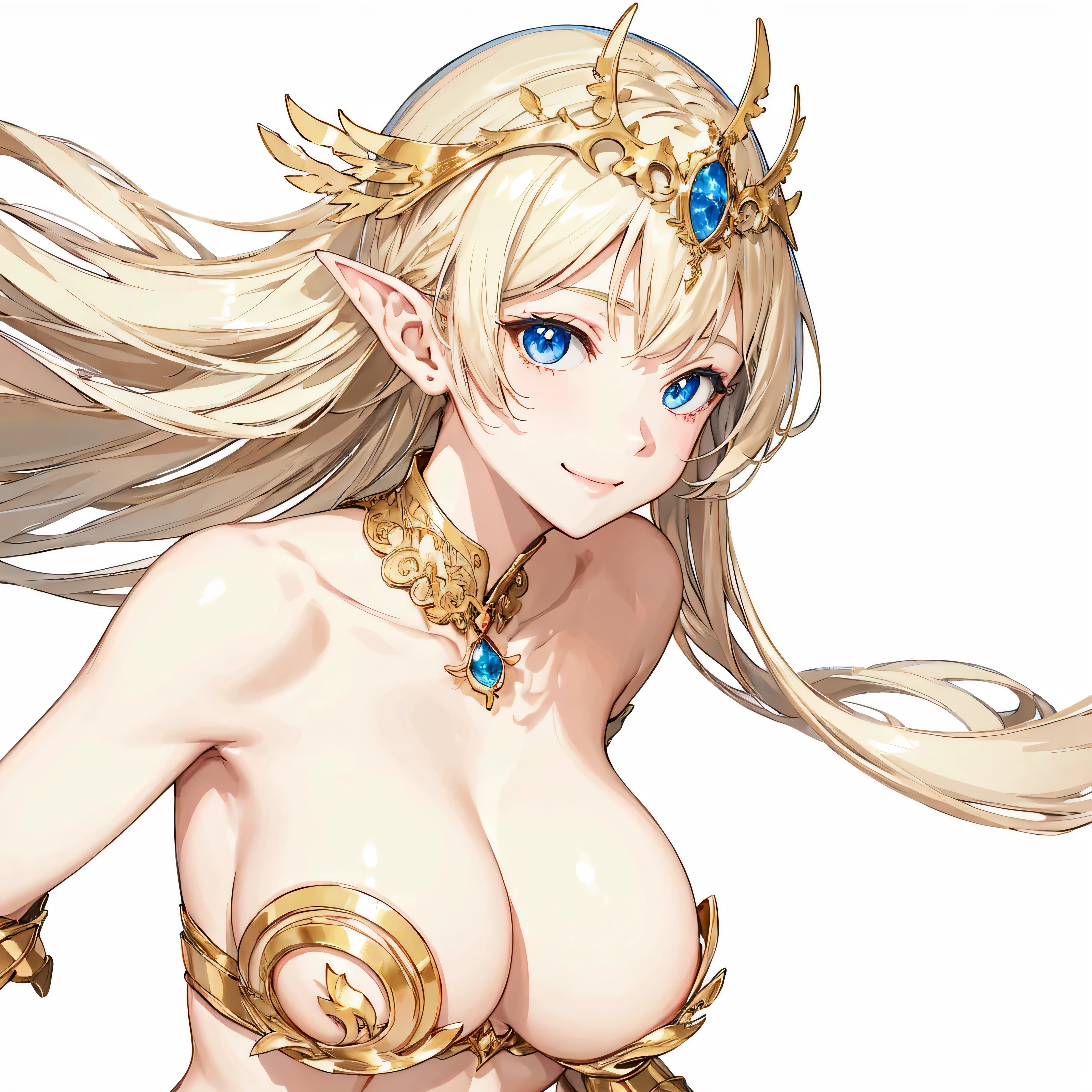 ​masterpiece、top-quality、ighly detailed、hight resolution、１６ｋ、fullnude、teats、Teetoob proportions、golden armour、Very thin skirt、Black pants、Very white skin、Beautiful fingers、Anime girl with very big breasts posing naked、Perfect Style、elvish、no-bra、Blonde blue-eyed、A smile、elvishの女の子、slim the contours