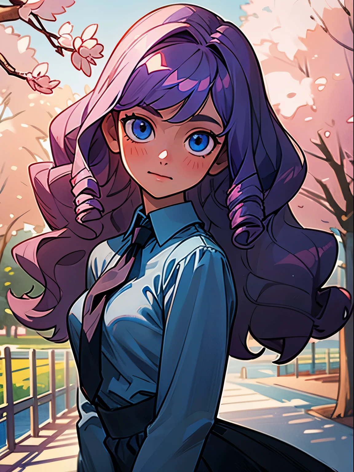 A portrait of a young woman with very long dark purple wavy hair and drill curls, side-swept bangs, blue eyes, ligh tanned skin, soft smile, wearing white long sleeved blouse with black necktie, blue checkered skirt, at a cherry blossom park