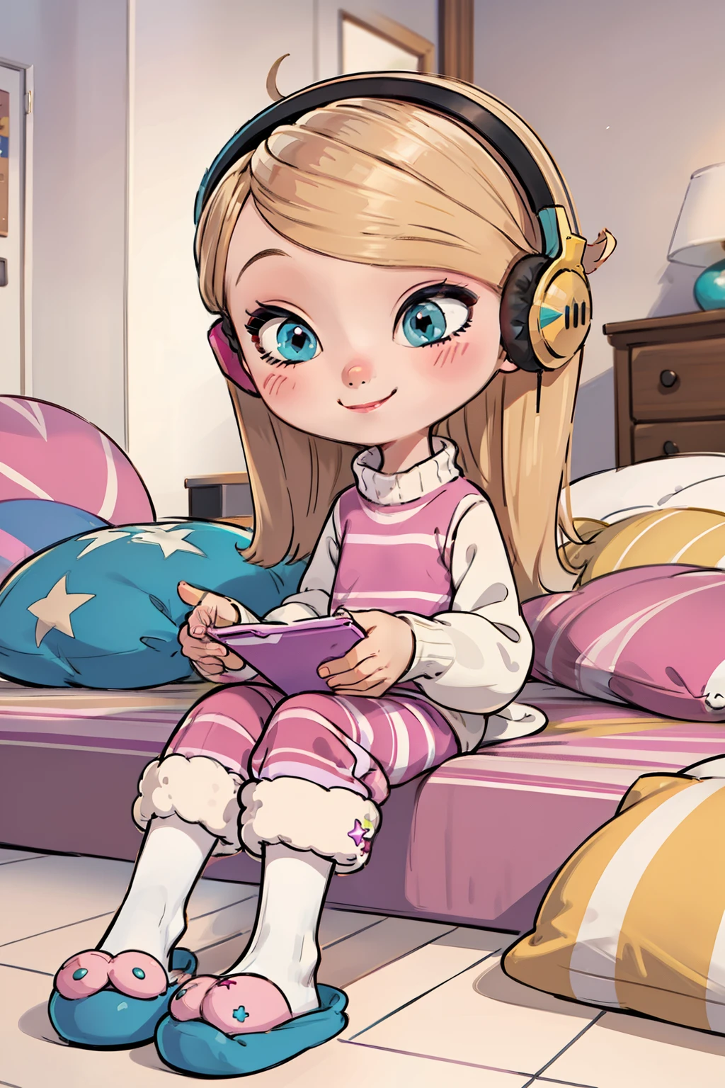 1girl, solo, long blonde hair, fluffy clothes, pants, sweater, sleeves, white socks, pink slippers, pastel colors, (pink, white, teal, purple), cozy, dreamy, stars, stickers, bubbles, glitter, sparkles, plushies, purple headphones, cute smile, chilling, relaxed, pink bed, snuggled