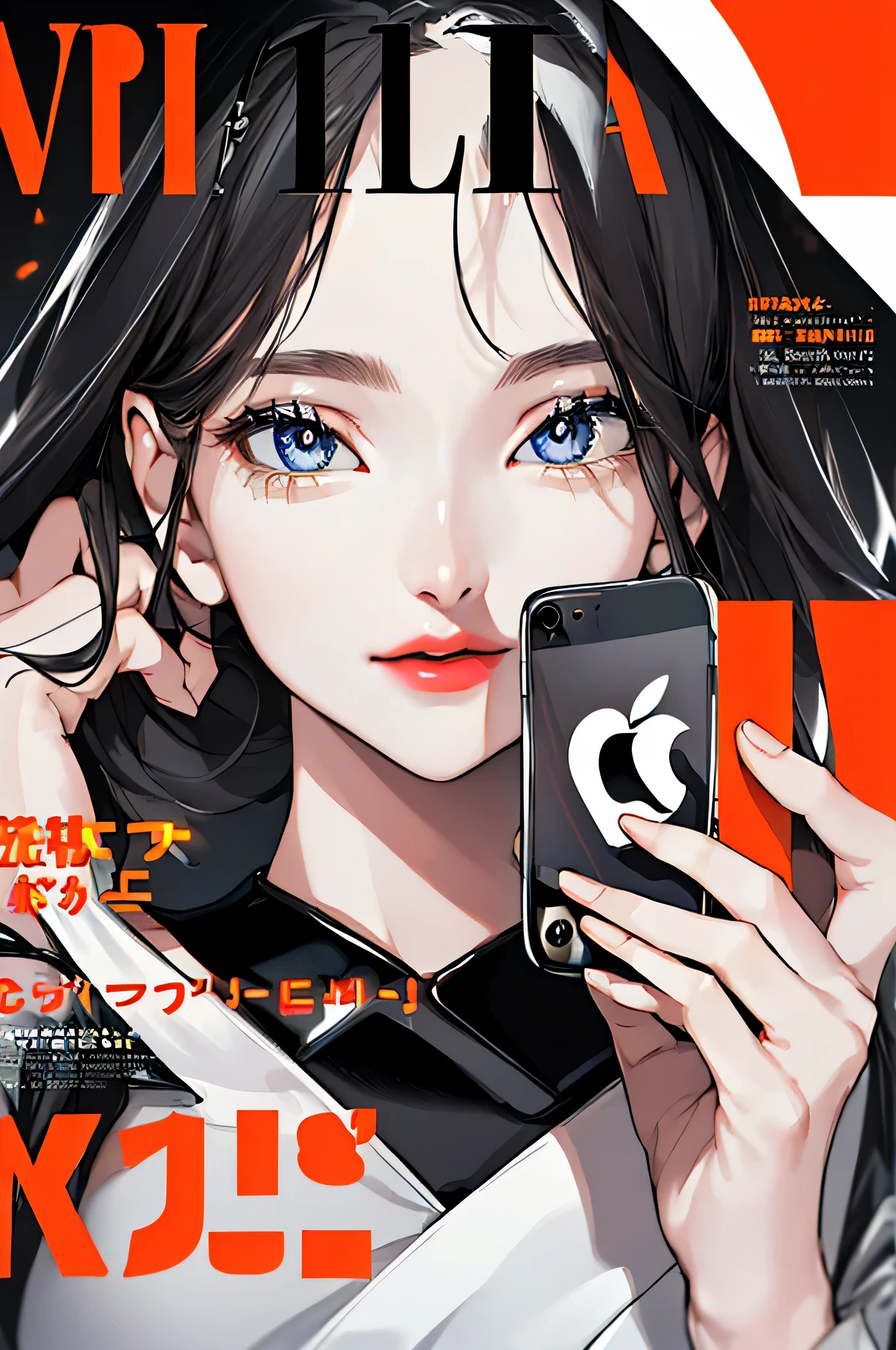 (((holding up an iPhone in her hand Holding up a mobile phone to take a picture))),(magazine cover:1.3), (original: 1.2), masterpiece, best quality, beautiful clean face, (full body:1.1), 3d face, glowing eyes, shiny hair, lustrous skin, solo, looking at viewer, upper body, kimono
