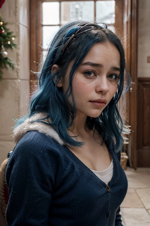 Please make an image of a 21 years old woman in christmas clothes with blue hair and make her face look like emilia clarke