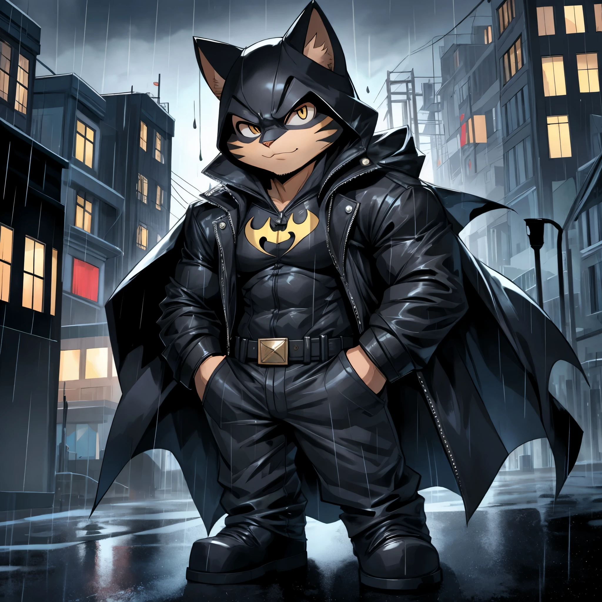 Cat wearing the Batman costume from DC comic, standing on top of building, night time, raining, stunning style