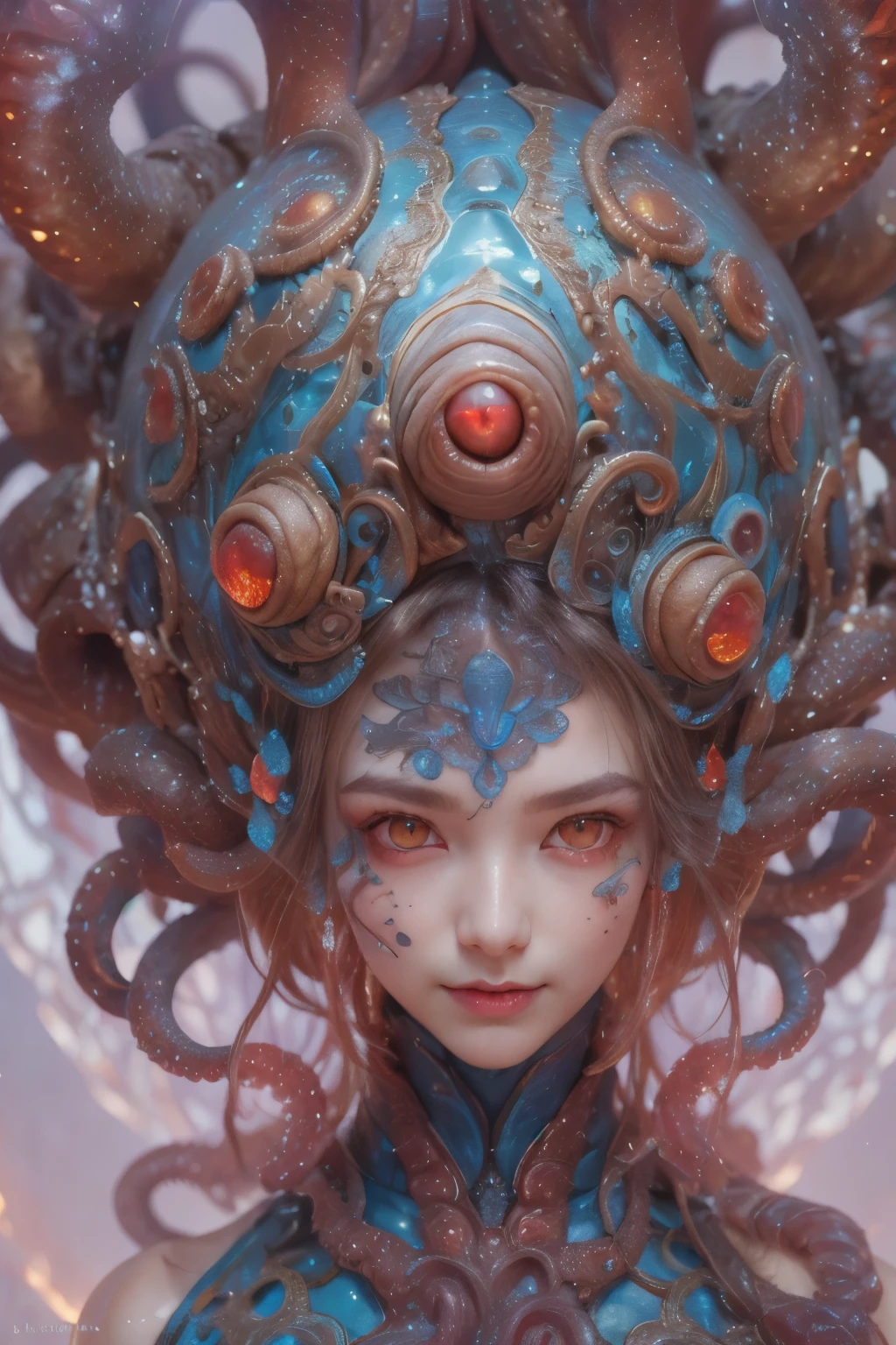 Portrait, (beautiful female alien:1.2), (There is a female genital-like organ in the middle of the forehead:1.8), (The most beautiful face in the history of the universe:1.2), (scarlet eyes:1.6), (Translucent skin:1.8), an evil gaze that seduces , (red eyes:1.5), Full body like, (bio luminescent:1.2), (Smile wickedly:1.3), (sexypose:1.5), alien, No humans, cells are fused, (Lots of translucent tentacles:1.1) (Translucent skin:1.3), extraterrestrial, cell, bio image, 魅惑的, Best Quality, 8K,4K_quality, High Definition, Dramatic Lighting, masutepiece:1.5,cinematic quality, detail up, (Intricate details:1.2), High resolution, High Definition, drawing faithfully, (Thick eyebrows:1.2), Beautiful eyes with fine symmetry, (Ultra detailed eyes:1.2),(Highly detailed face and eyes:1.2), (High-resolution red-eye:1.4), Intimate face, (Super detailed skin quality feeling:1.4), Perfect Anatomy, (Beautiful toned body:1.5), (Moist skin:1.2), No makeup, (dark circles:1.1), long canines, cinematic drawing of characters, ultra high quality model, cinematic quality, detail up, (Intricate details:1.2), High resolution, High Definition, drawing faithfully, Official art, Unity 8K wall , 8K Portrait, Best Quality, Very High resolution, ultra detailed artistic photography, midnight aura, unreal enginee 5, Ultra Sharp Focus, art by alberto seveso, ArtGerm, Roisch, intricate artwork, Medusa, best quality, masutepiece, ultra High resolution, (photos realistic:1.4), Ultra-realistic realism, dream-like, nautilus, Creation of fantasy, Snail, Dream Snail, biopunk nautilus, Thrilling color schemes, Ultra-realistic realism, seductively smiling, Blue tentacles