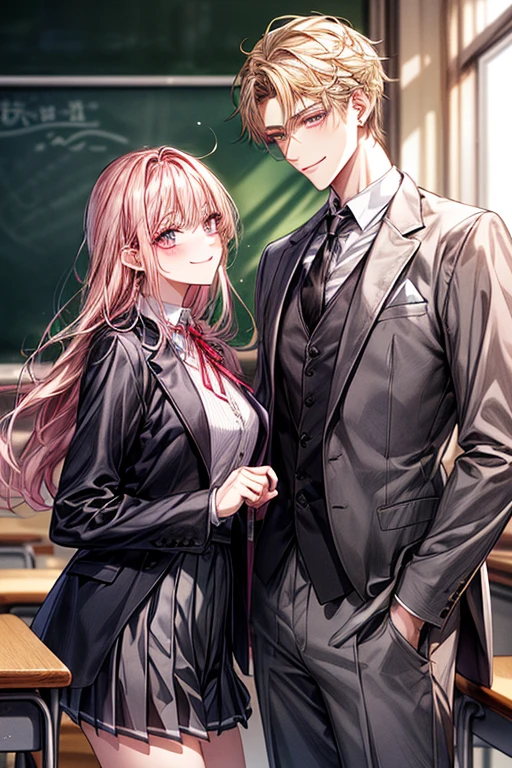 (1male people:Student uniform、Black tie、The jacket is a gray jacket, White shirt, Gray trousers、One ear only, one earring,、a blond、Golden Eyes、a smile、tall、tall、Tall、a handsome、refreshing)、(1female:long pink hair、Pink eyes、Short、Best style、white shirt、Red Ribbon、Student uniform、Grey pleated skirt、F-cup)、(((a couple、Flirting)))、a smile、Classroom、